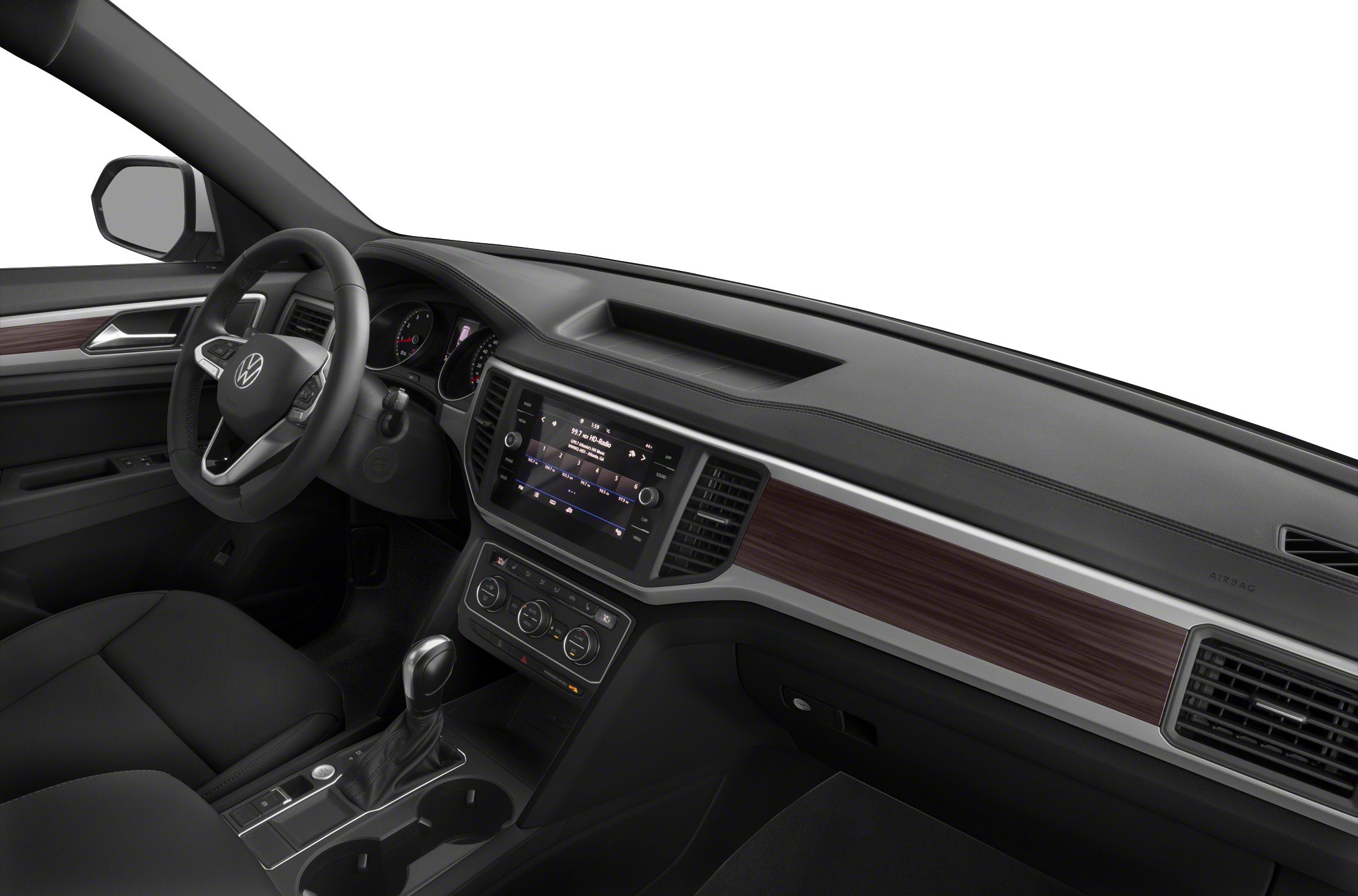 Modern dashboard and touchscreen with wood trim and multifunction steering wheel