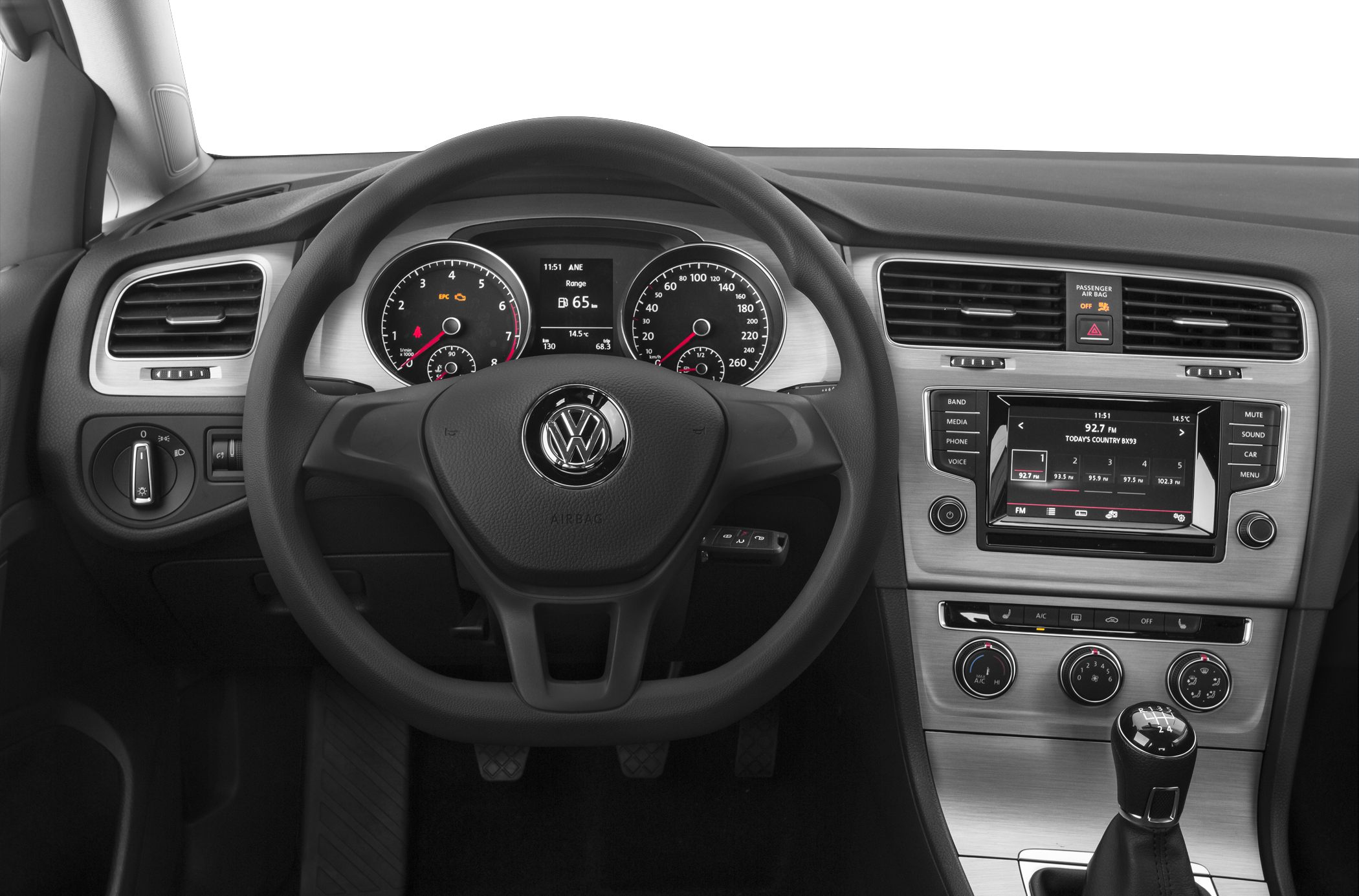Steering wheel, instrument cluster, infotainment, manual gear shift interior