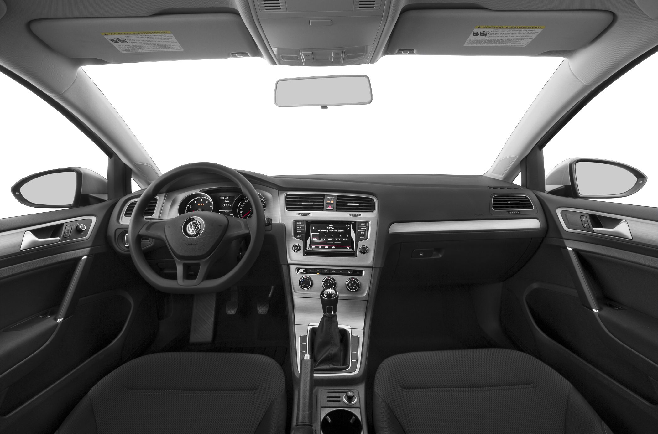 Interior dashboard with steering wheel and center console featuring manual gear shift