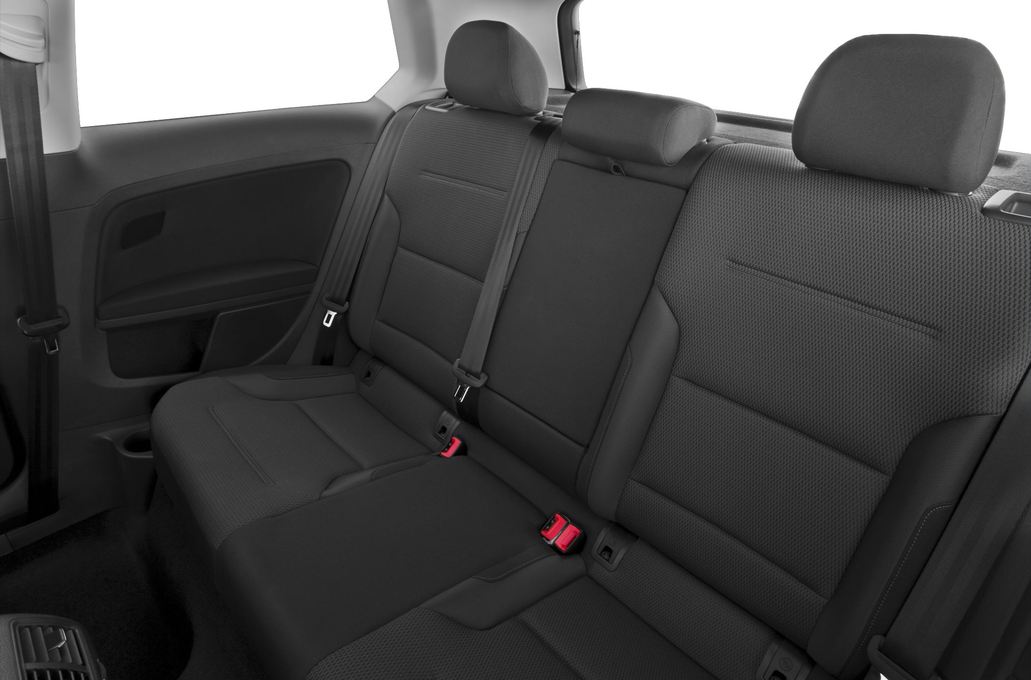 Rear seat with headrests, seat belts, and upholstery details