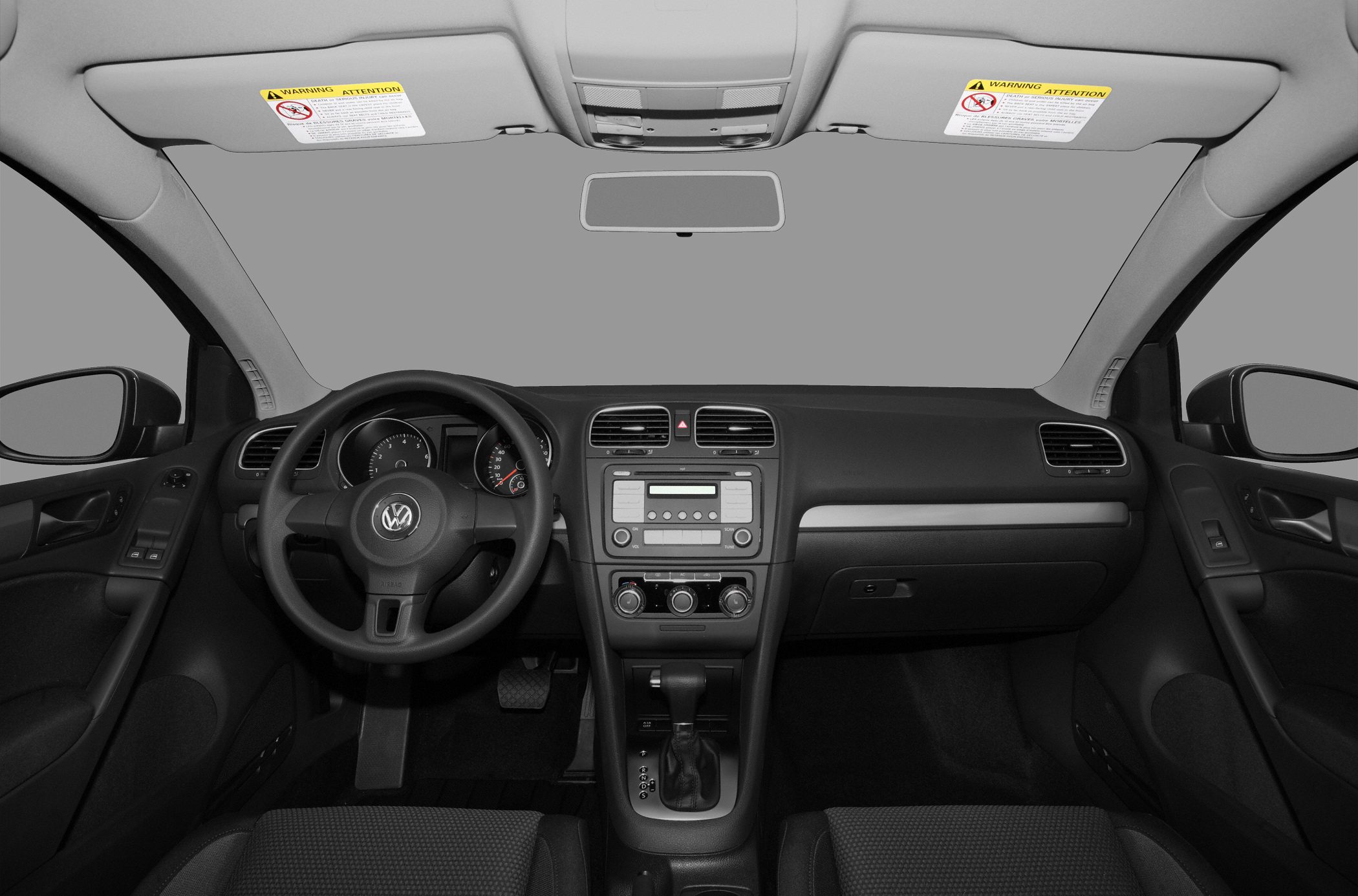 Dashboard, steering wheel, and center console of a car interior