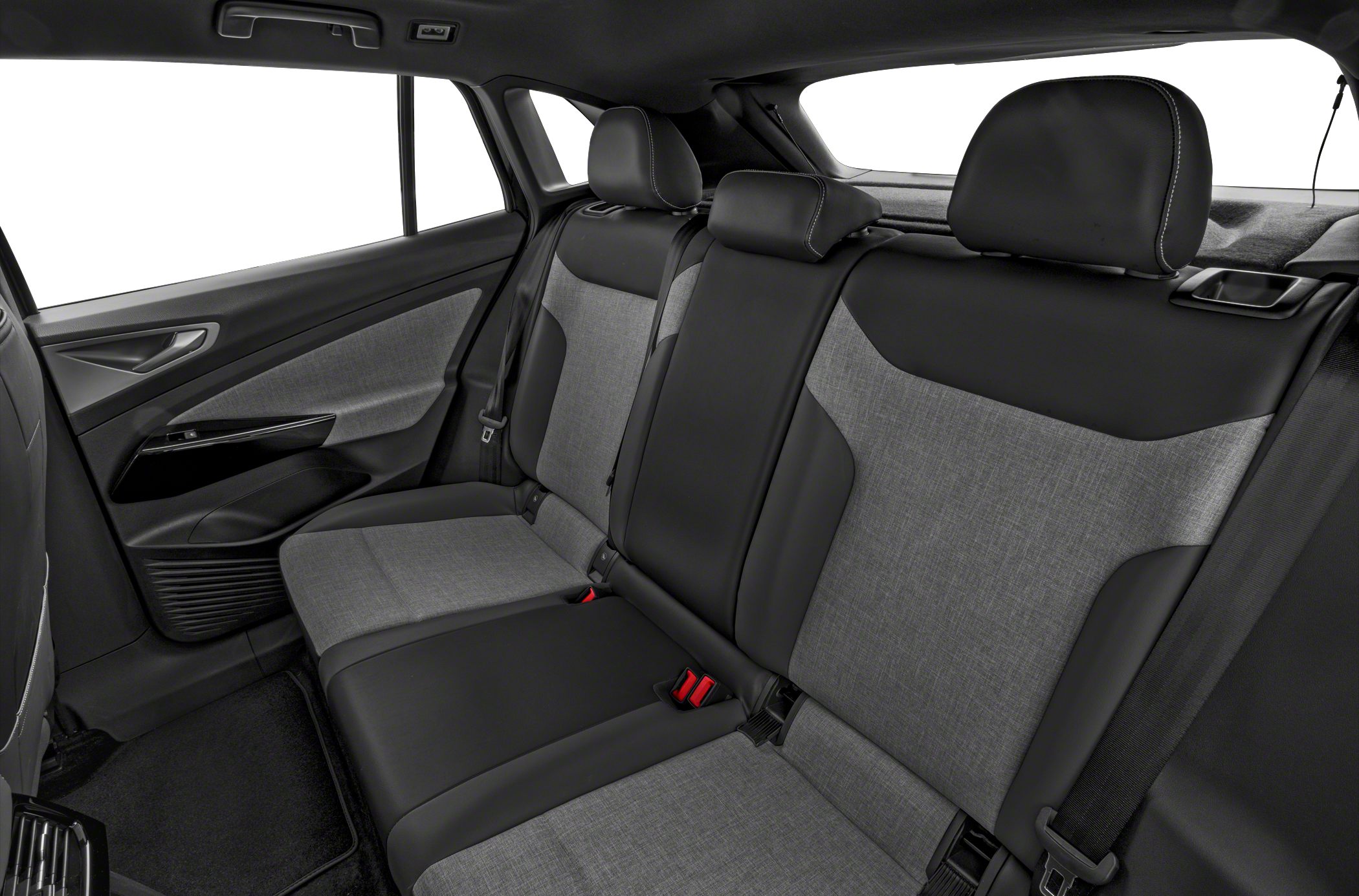 Rear seat interior with fabric and leather upholstery, adjustable headrests