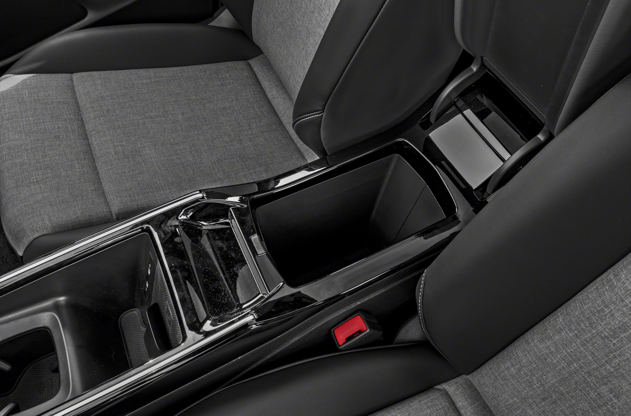 Center console storage compartment and gray-black seat upholstery