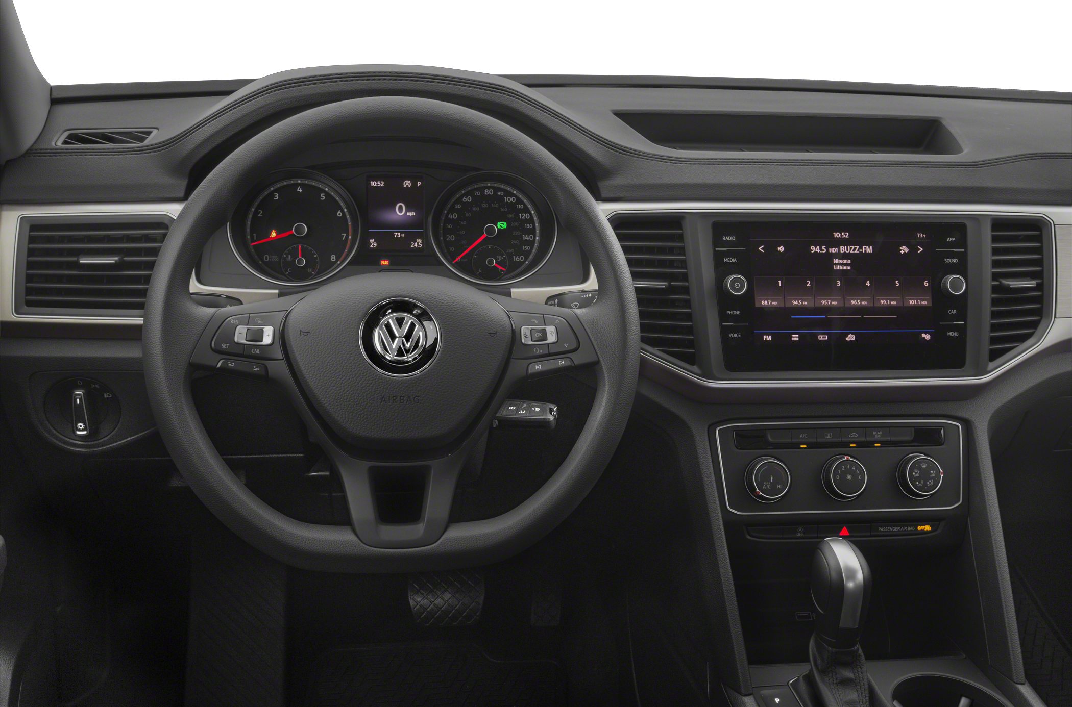 Steering wheel and dashboard with digital displays and infotainment screen
