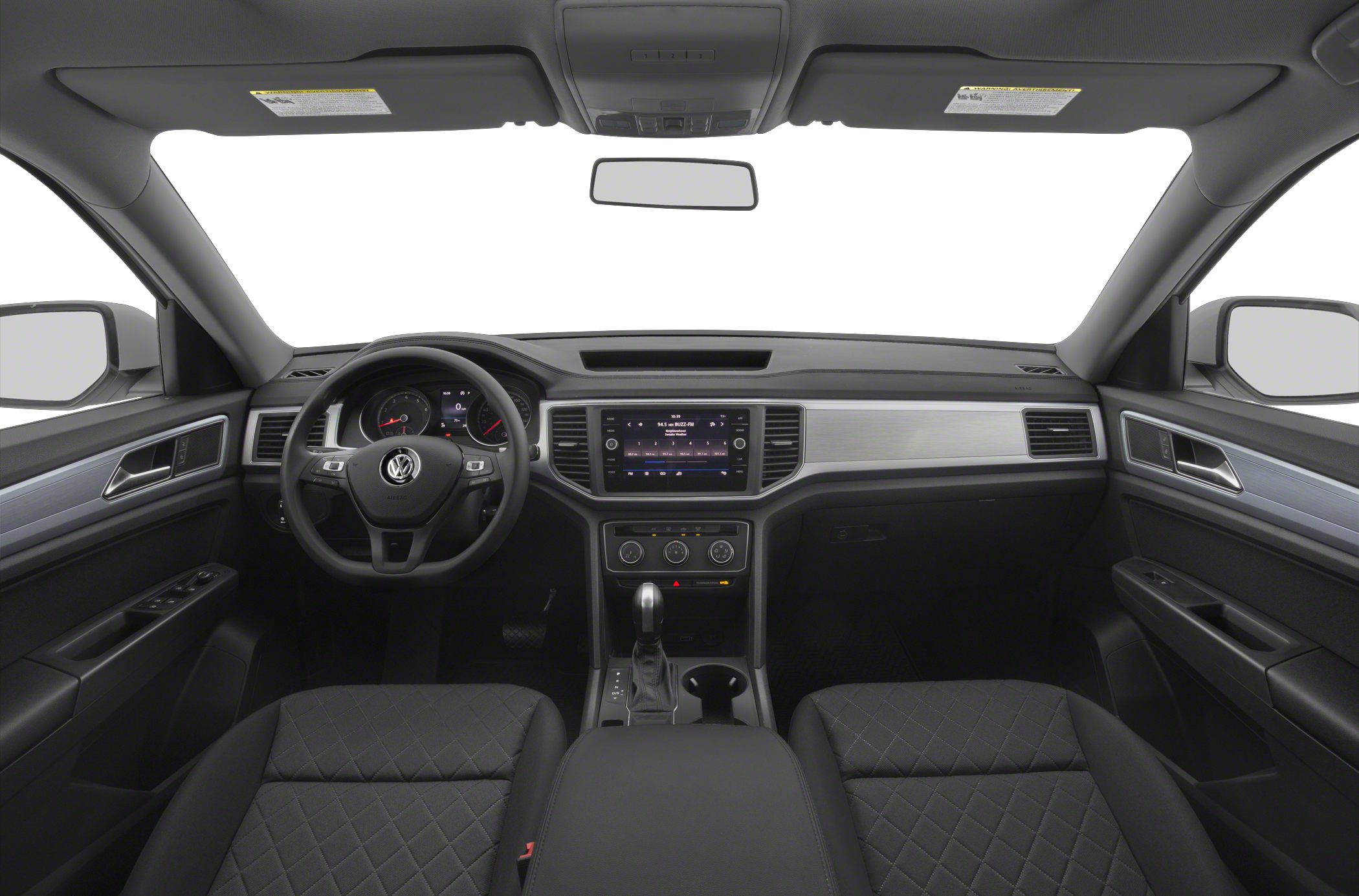 Dashboard, steering wheel, touchscreen, gear shift, quilted front seats