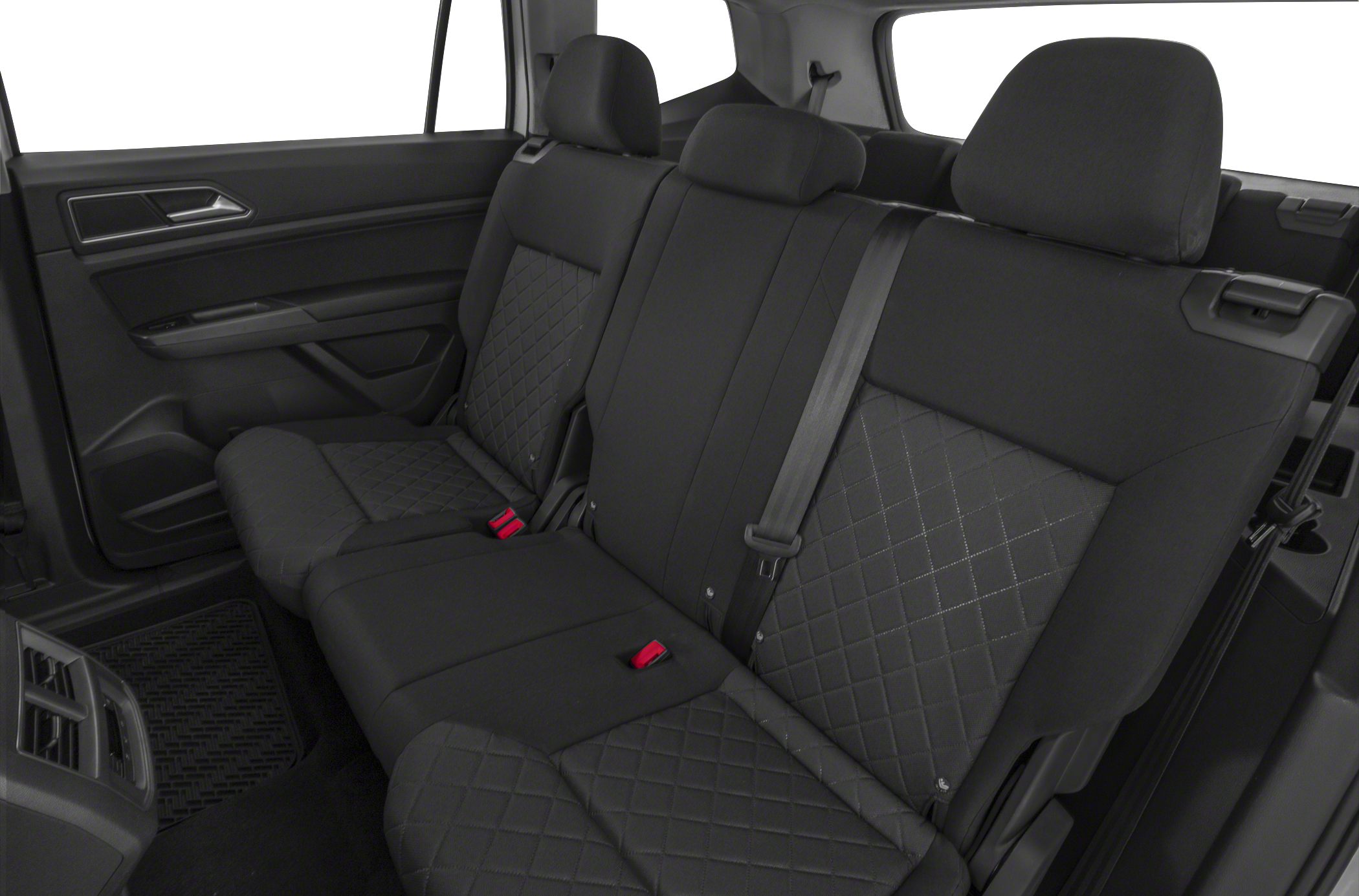 Spacious rear seat interior with quilted upholstery and seatbelts