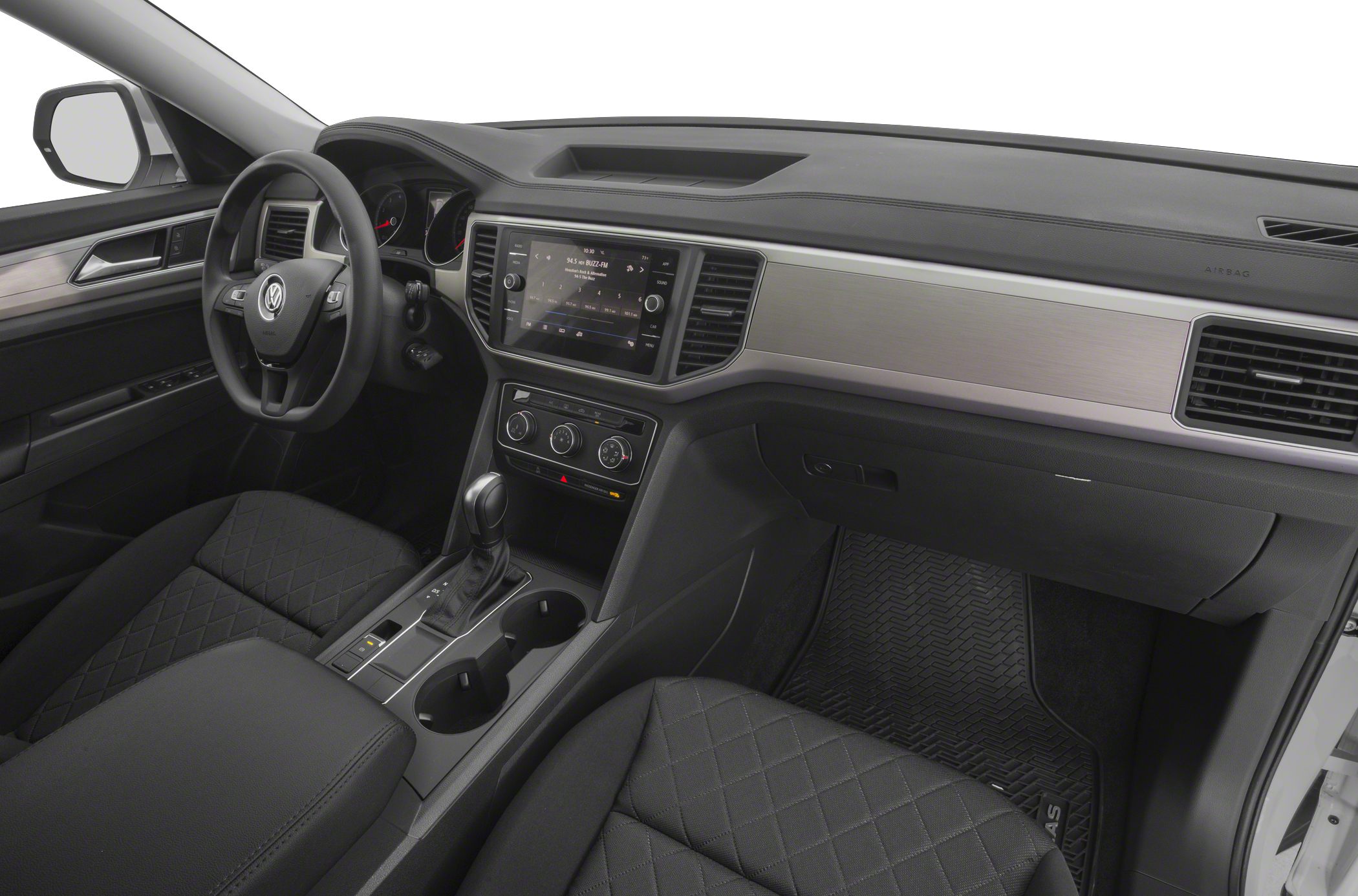 Modern dashboard with touchscreen and quilted seats