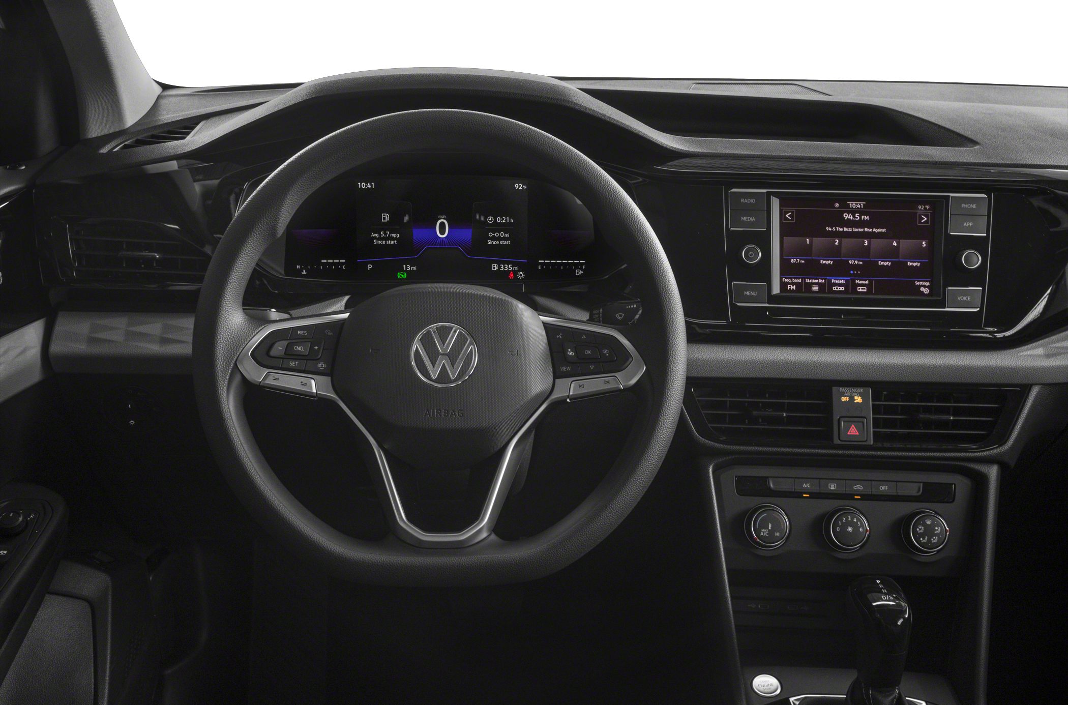 Modern car interior with digital dashboard and multifunction steering wheel