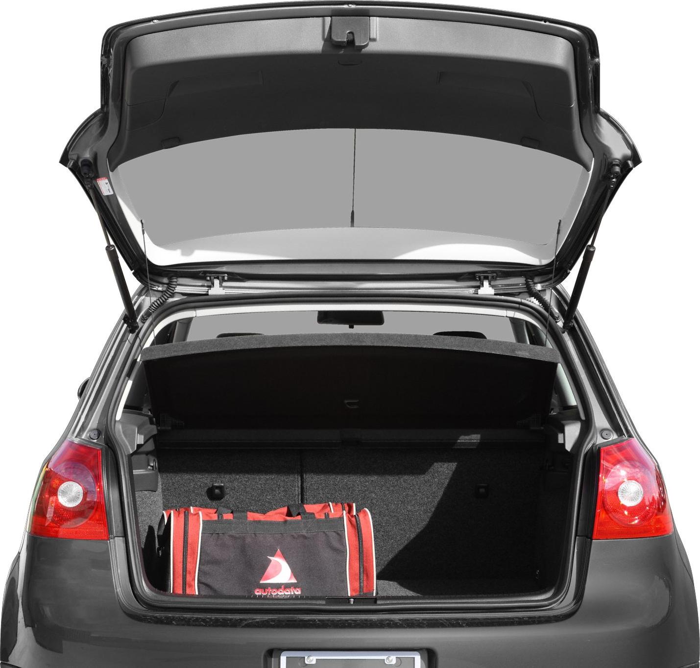 Open rear hatch with visible cargo space and bag