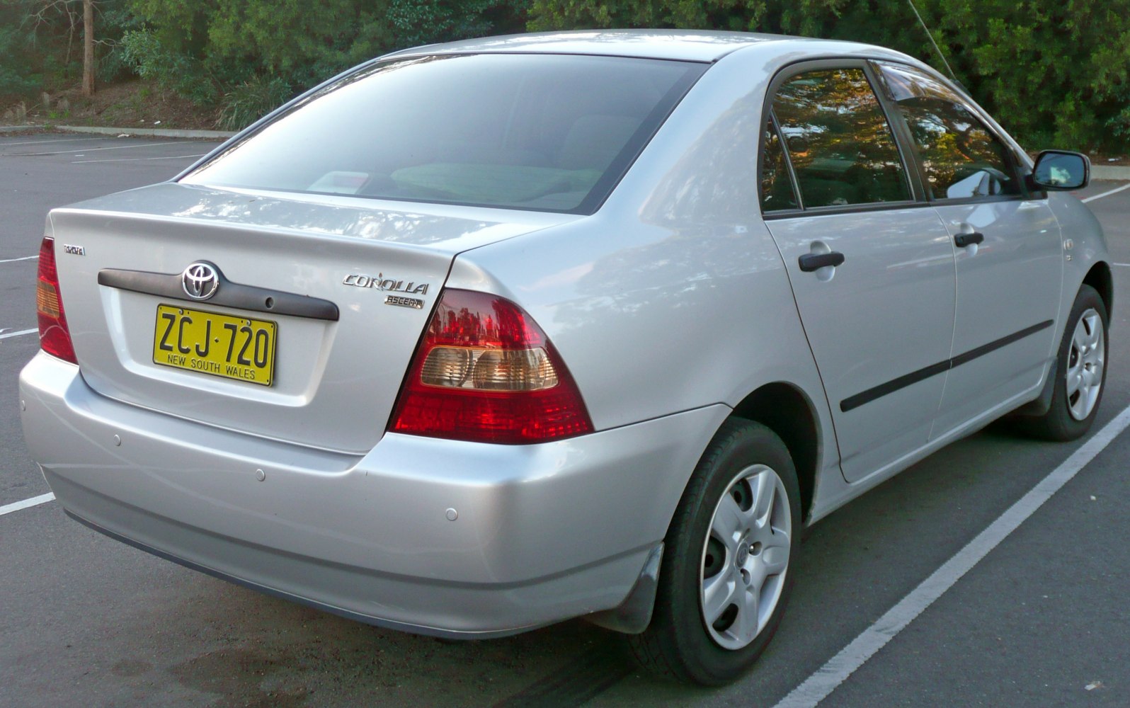 Rear side of a silver sedan with taillights and parking sensors
