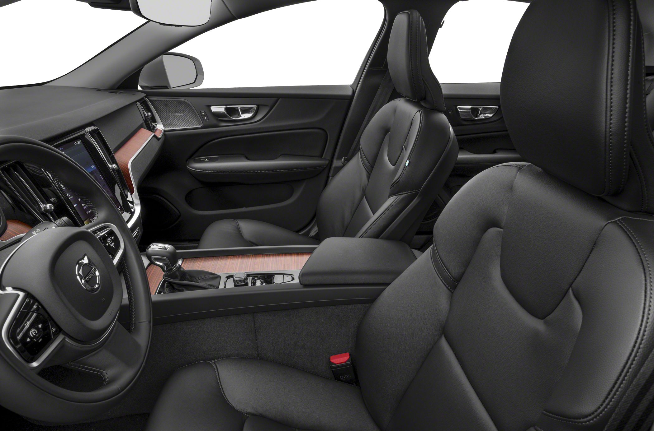 Black leather seats with wood trim dashboard and modern steering wheel