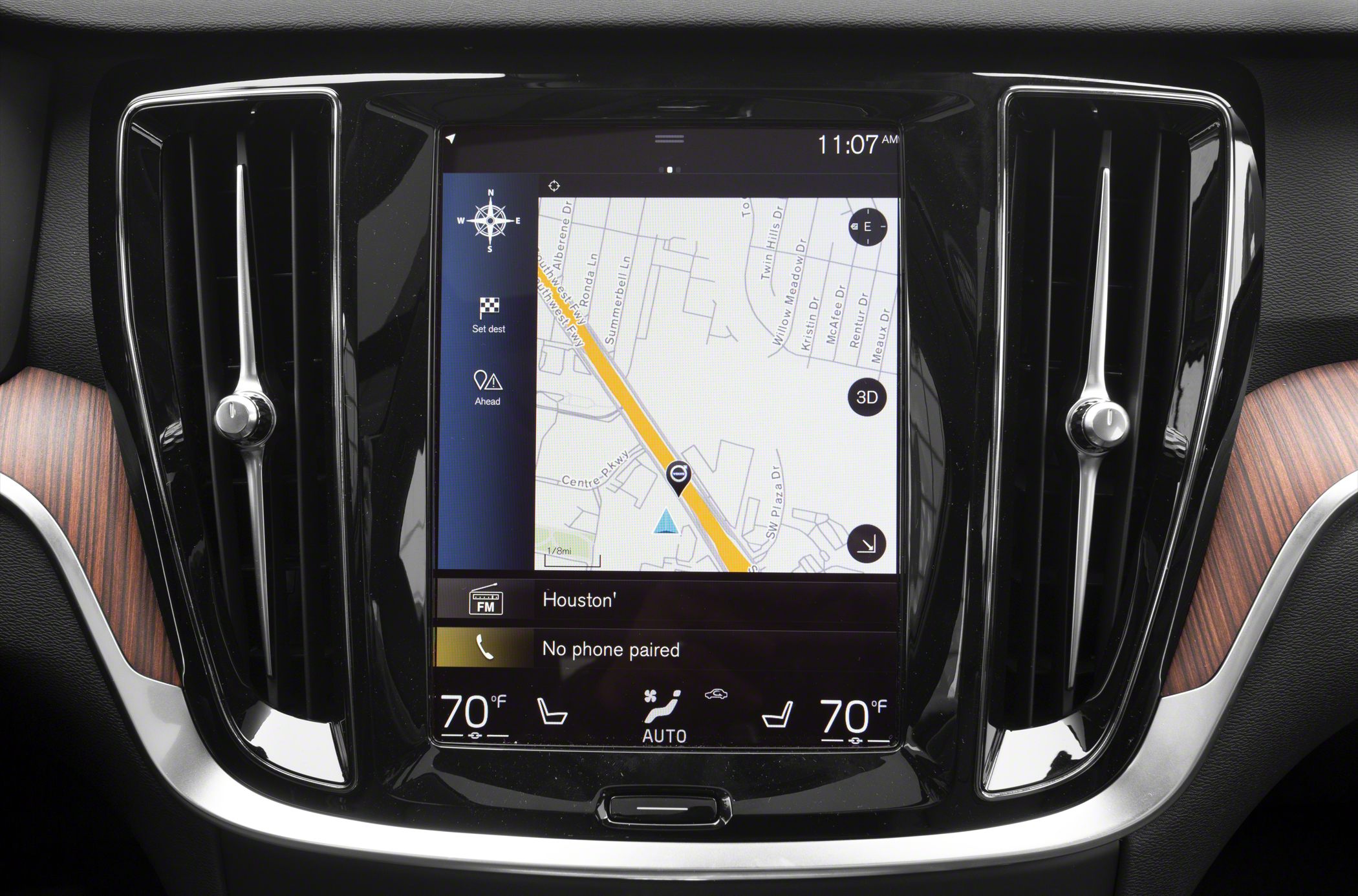 Center touchscreen with navigation map and dual-zone climate controls