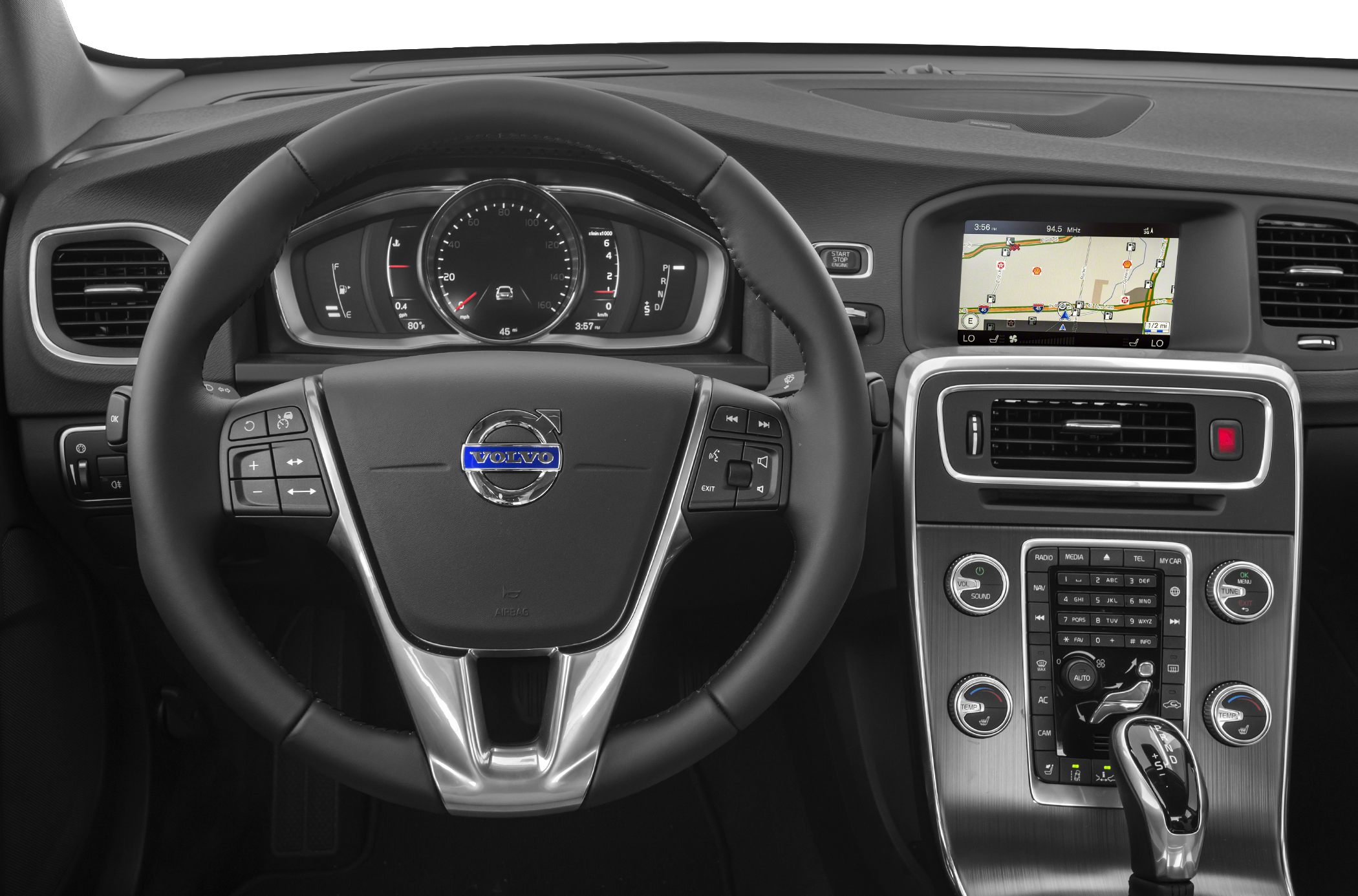 Dashboard with digital instrument cluster and steering wheel with control buttons