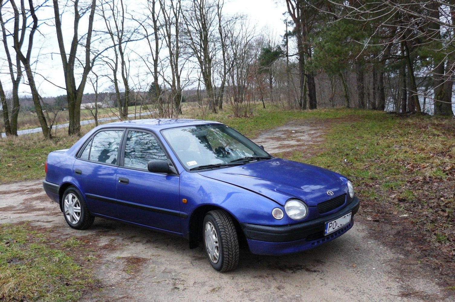 Blue sedan with round headlights and front side profile.