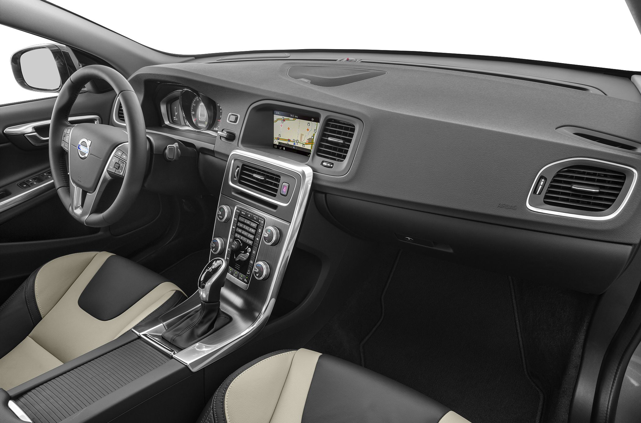 Modern car interior with touchscreen, dashboard instruments, and gear shift