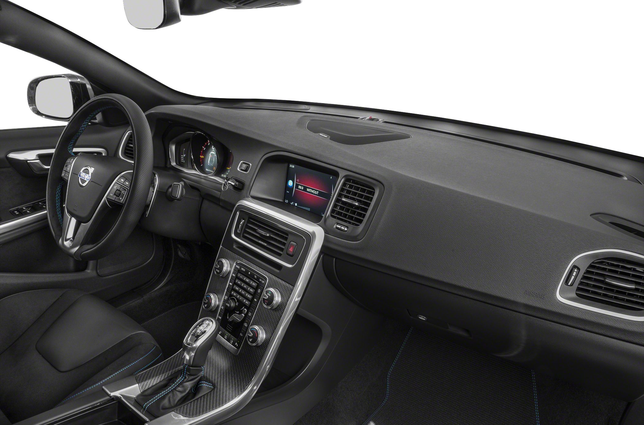Dashboard and center console with steering wheel and gear shifter