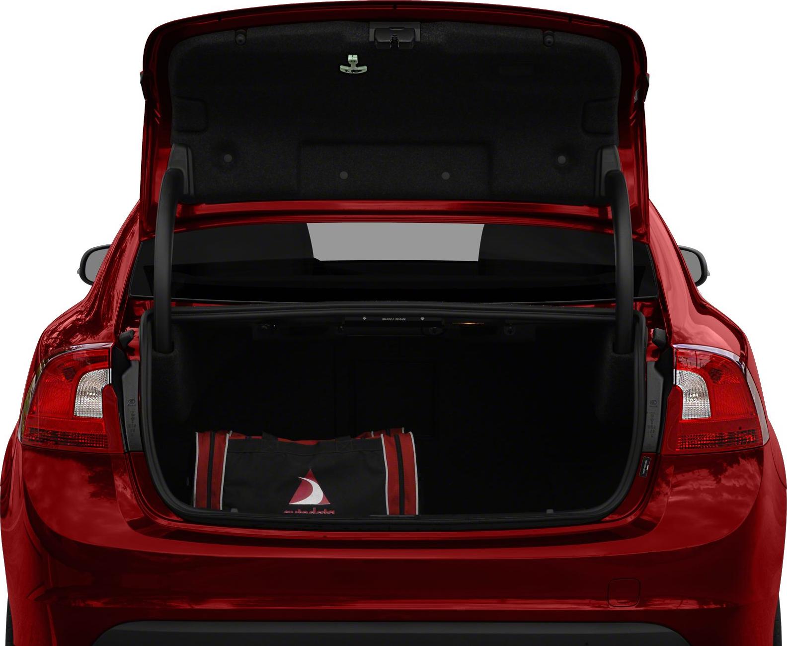 Rear trunk open showing cargo space with a bag inside