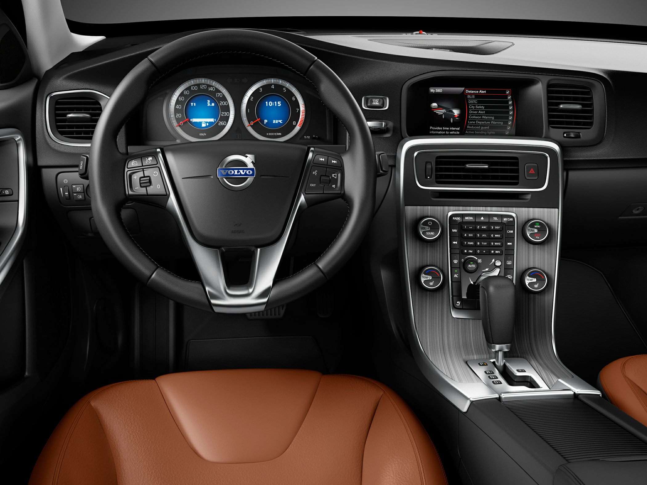 Modern steering wheel, digital gauges, dashboard infotainment, center console layout