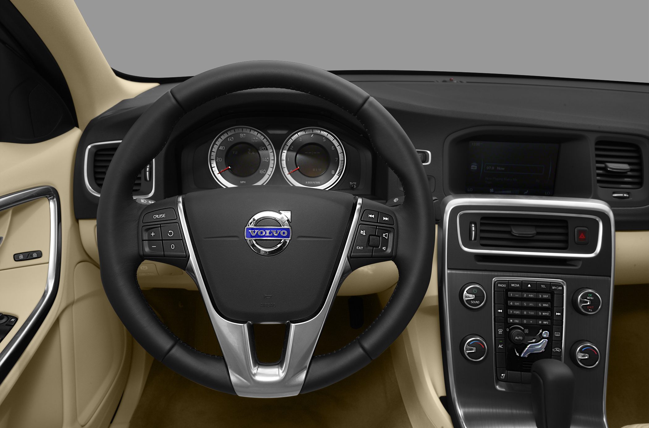 Steering wheel and dashboard with control panel and instrument cluster