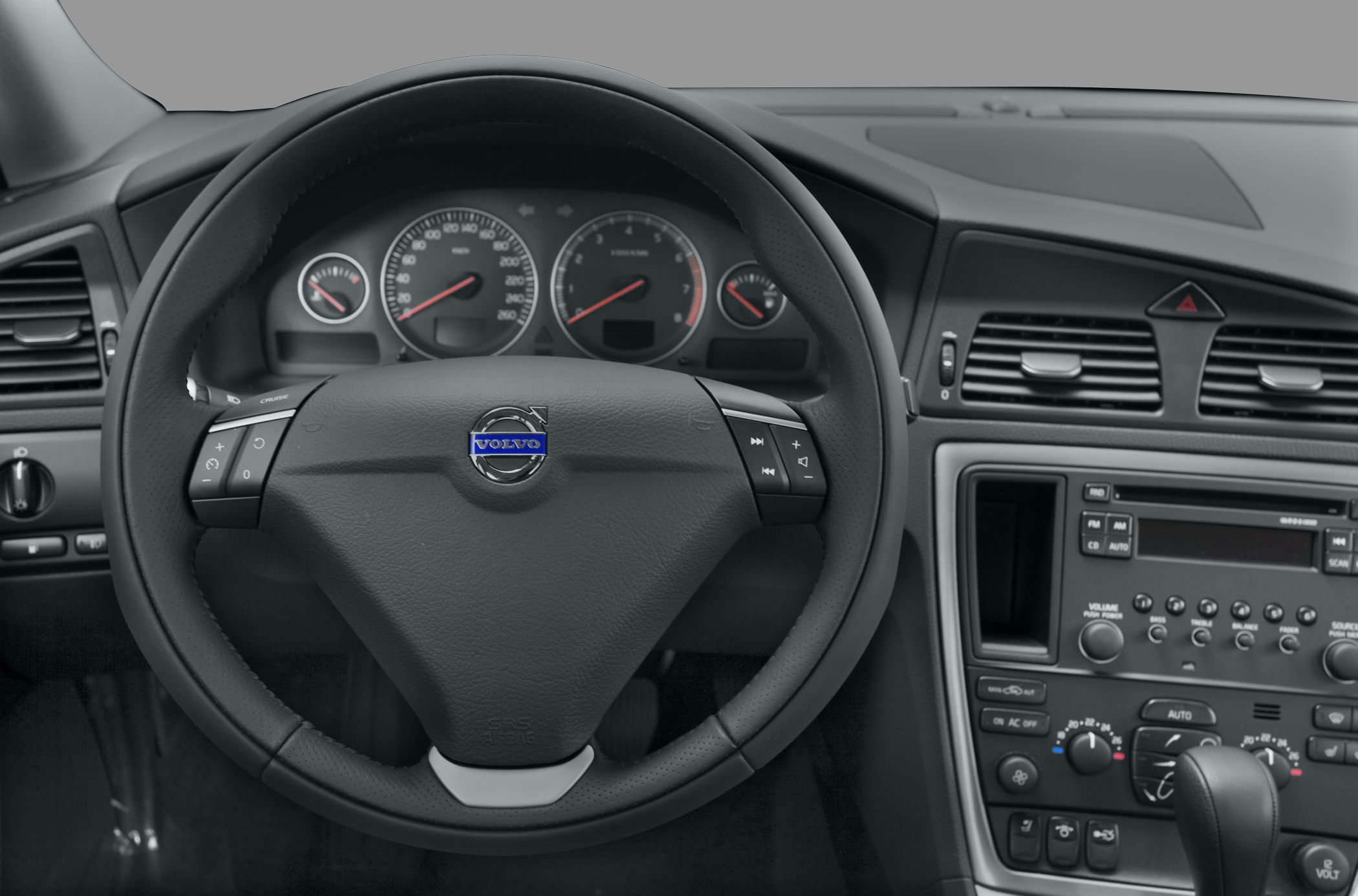 Steering wheel with controls and dashboard instrument cluster inside a car