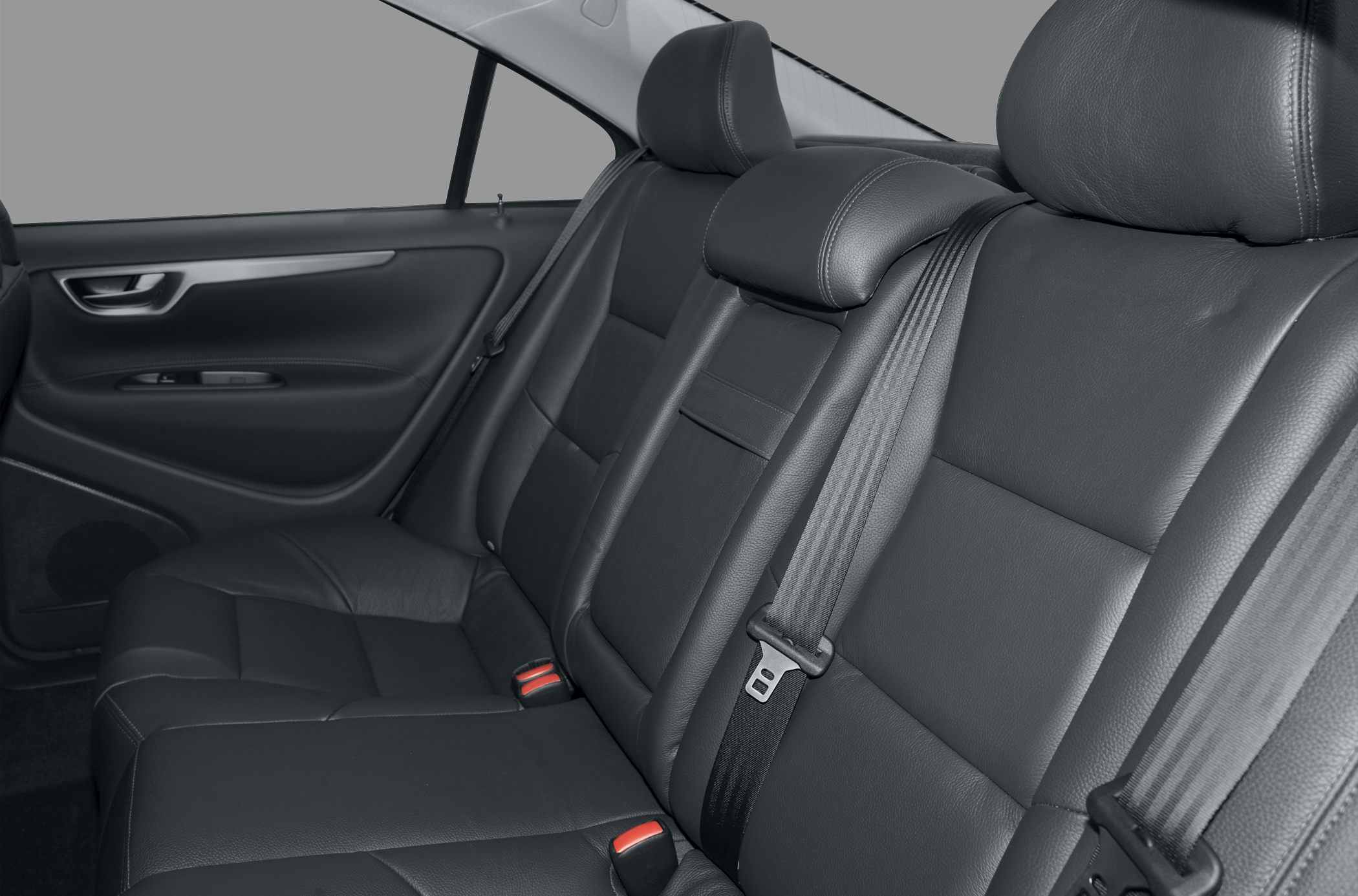 Black leather rear seats and seat belts in car interior