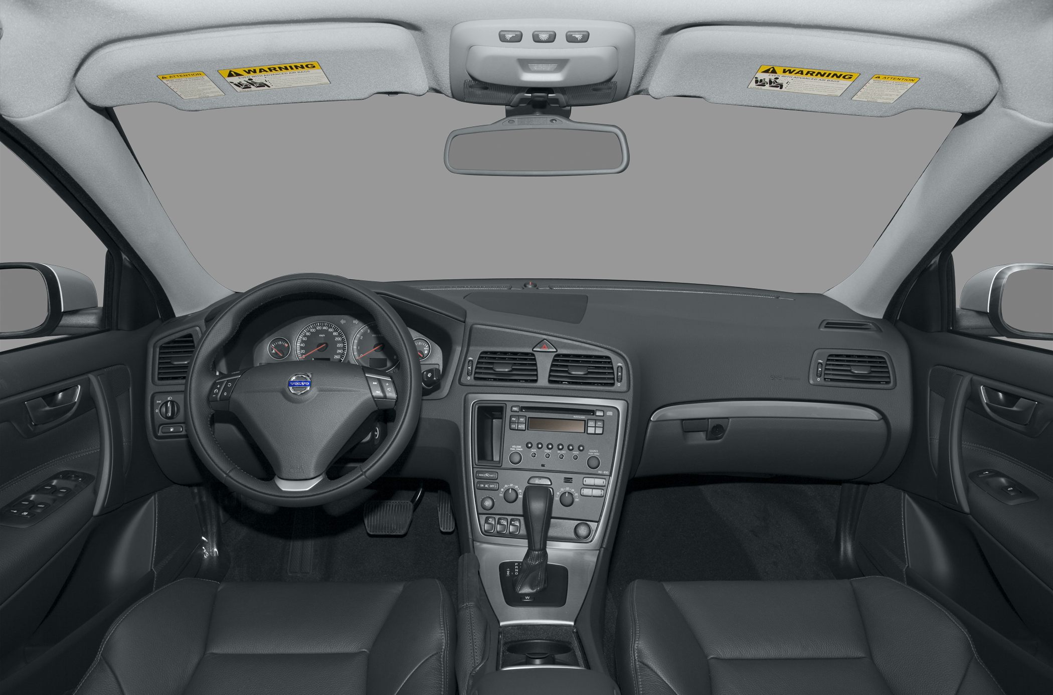 Car interior dashboard with steering wheel and center console