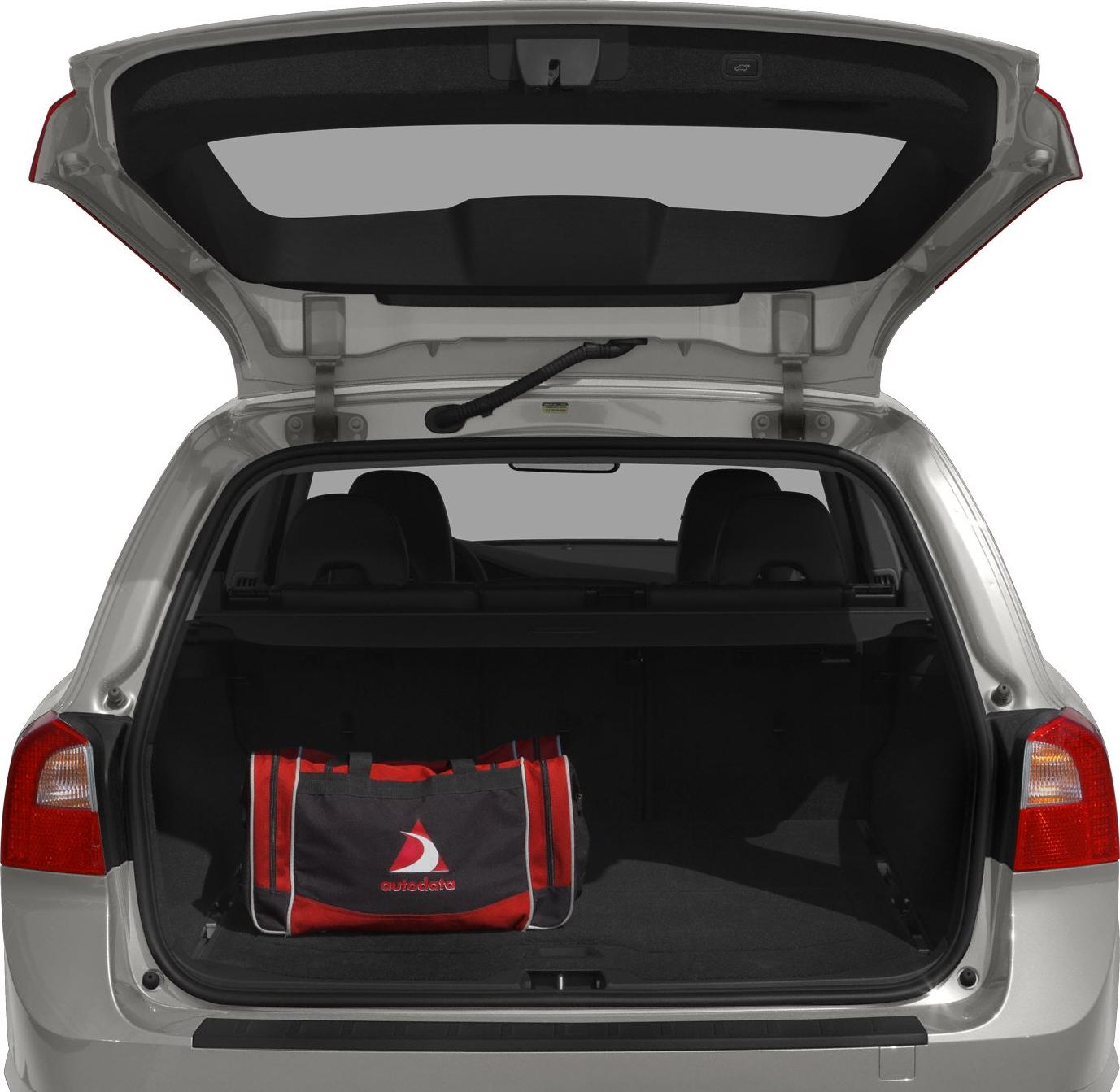 Open spacious rear trunk with a red and black travel bag inside