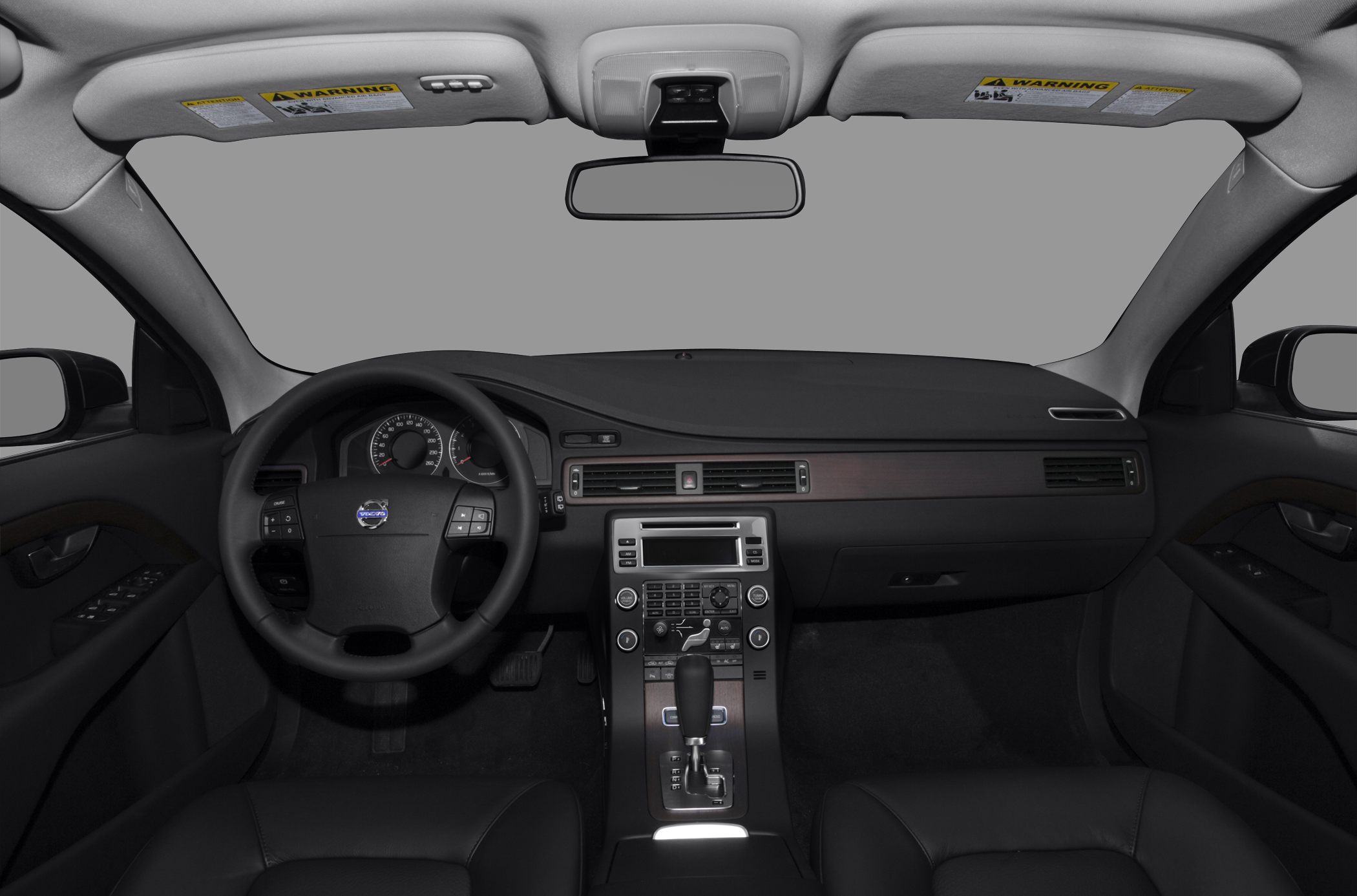 Dashboard and steering wheel interior with central console and controls