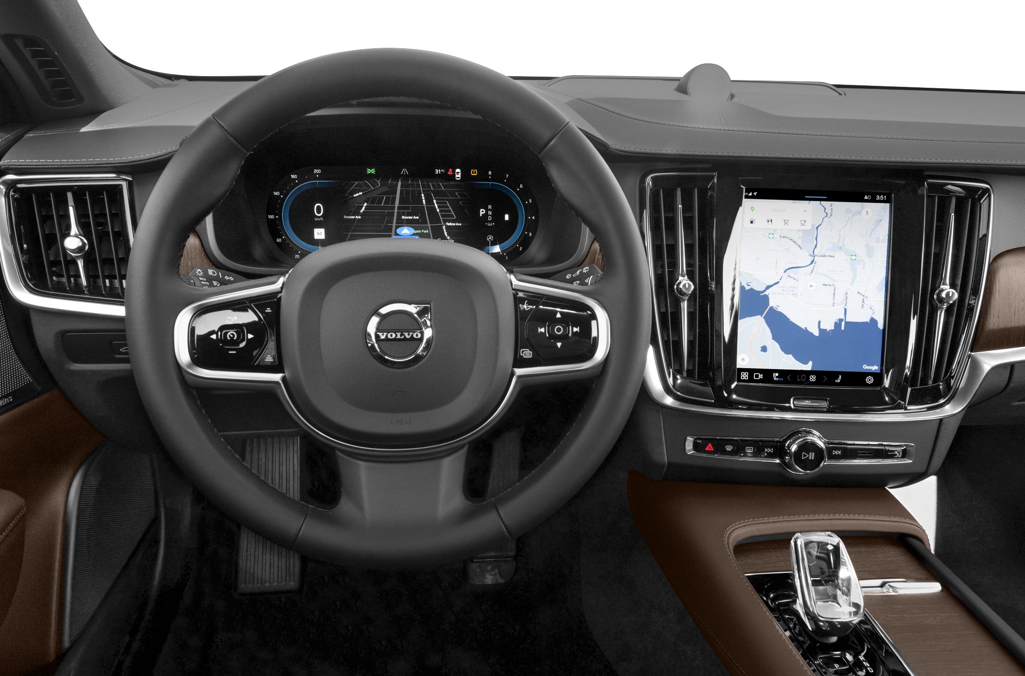 Digital instrument cluster and touchscreen infotainment system with wood accents
