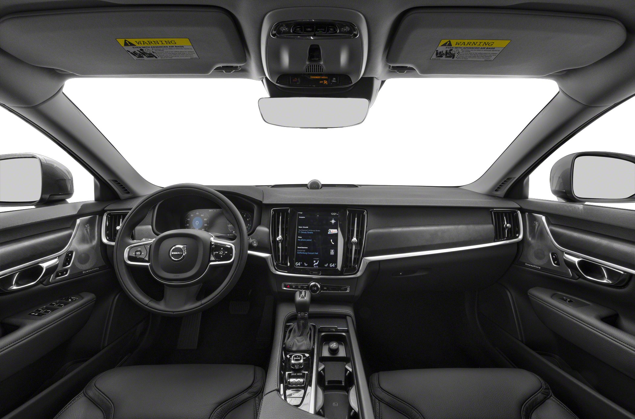 Car interior with dashboard, steering wheel, and infotainment screen.