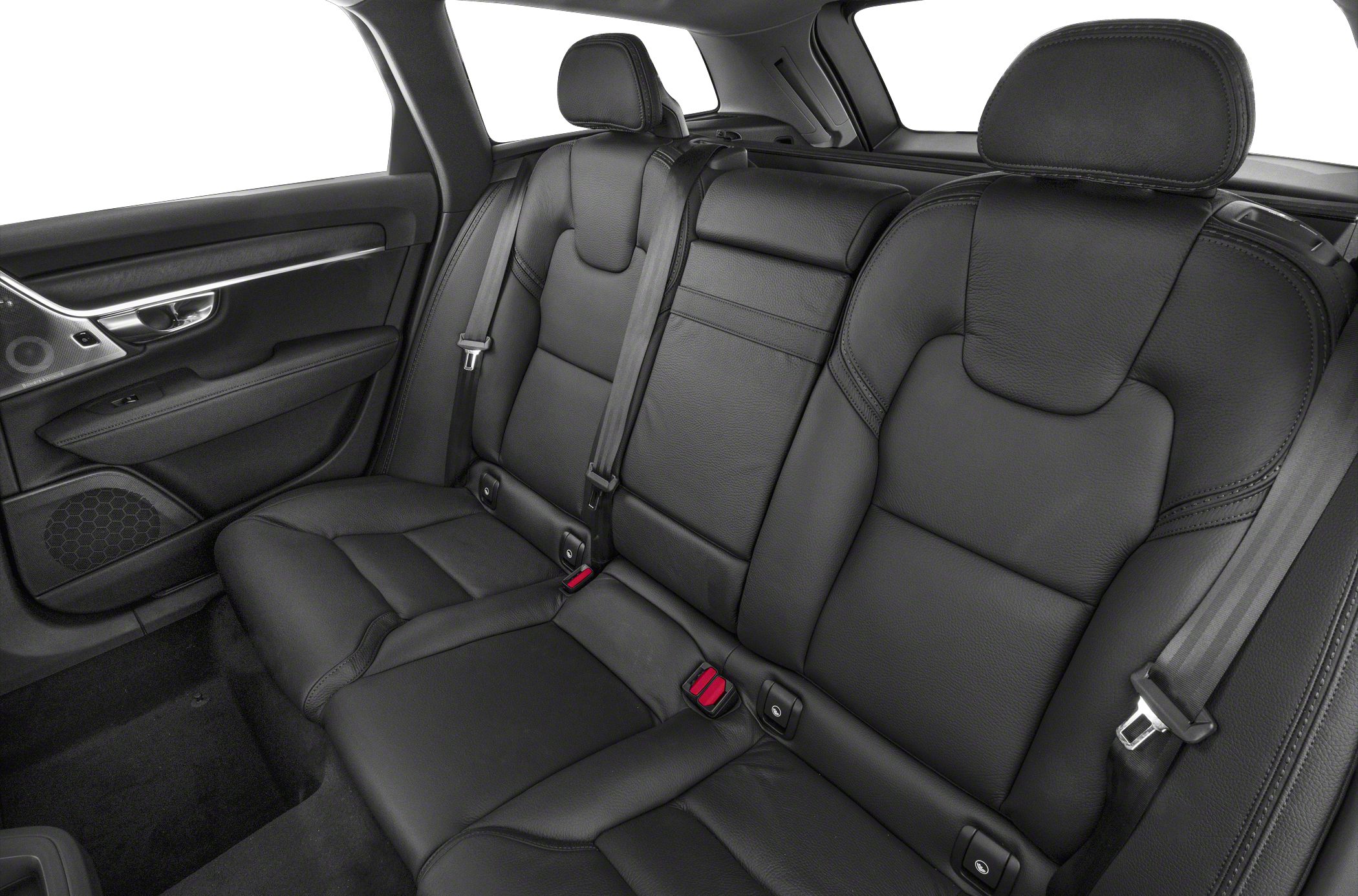 Black leather rear seats with detailed stitching and modern door panel