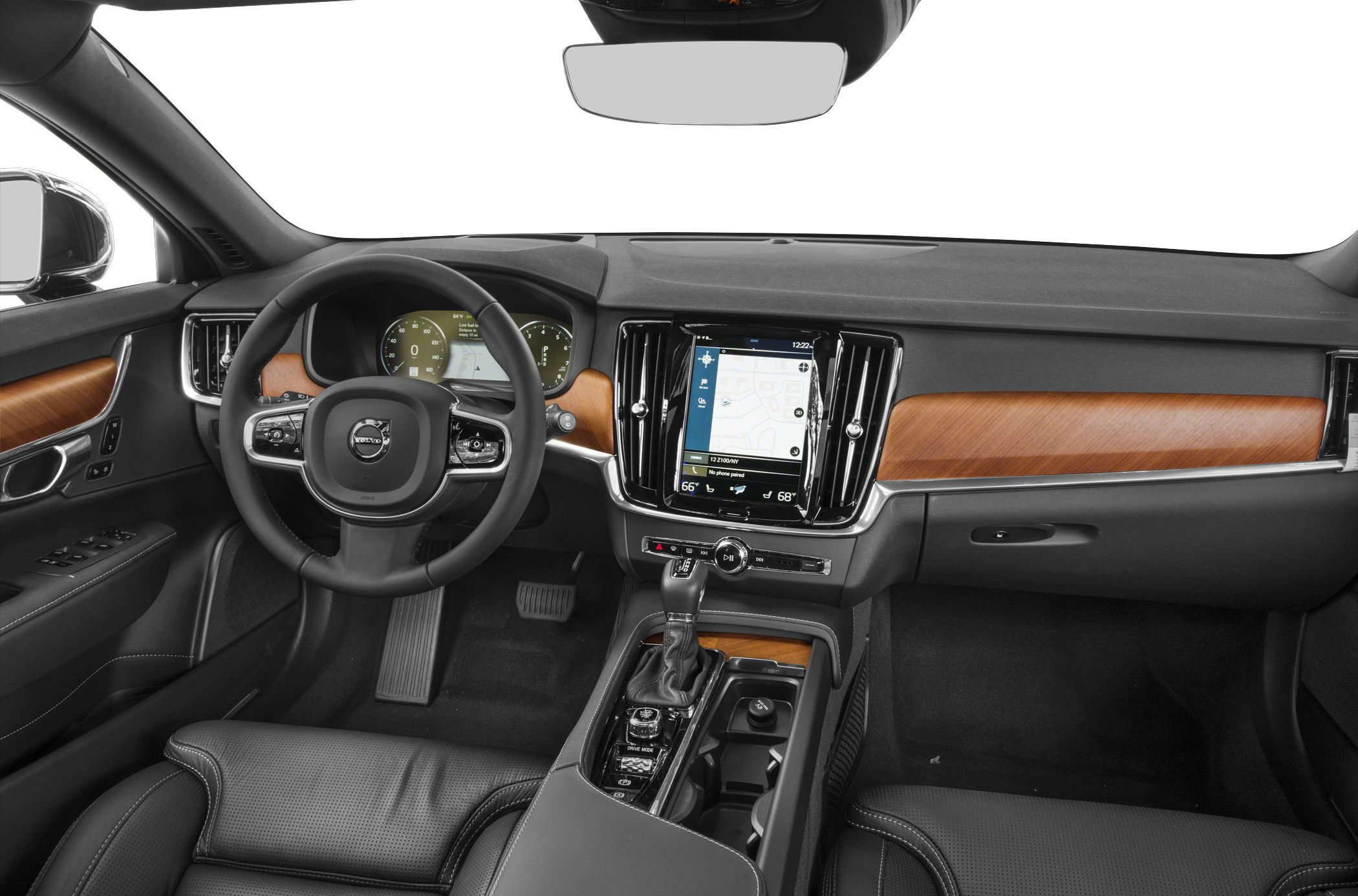 Digital dashboard and central touchscreen navigation with wood trim in vehicle interior