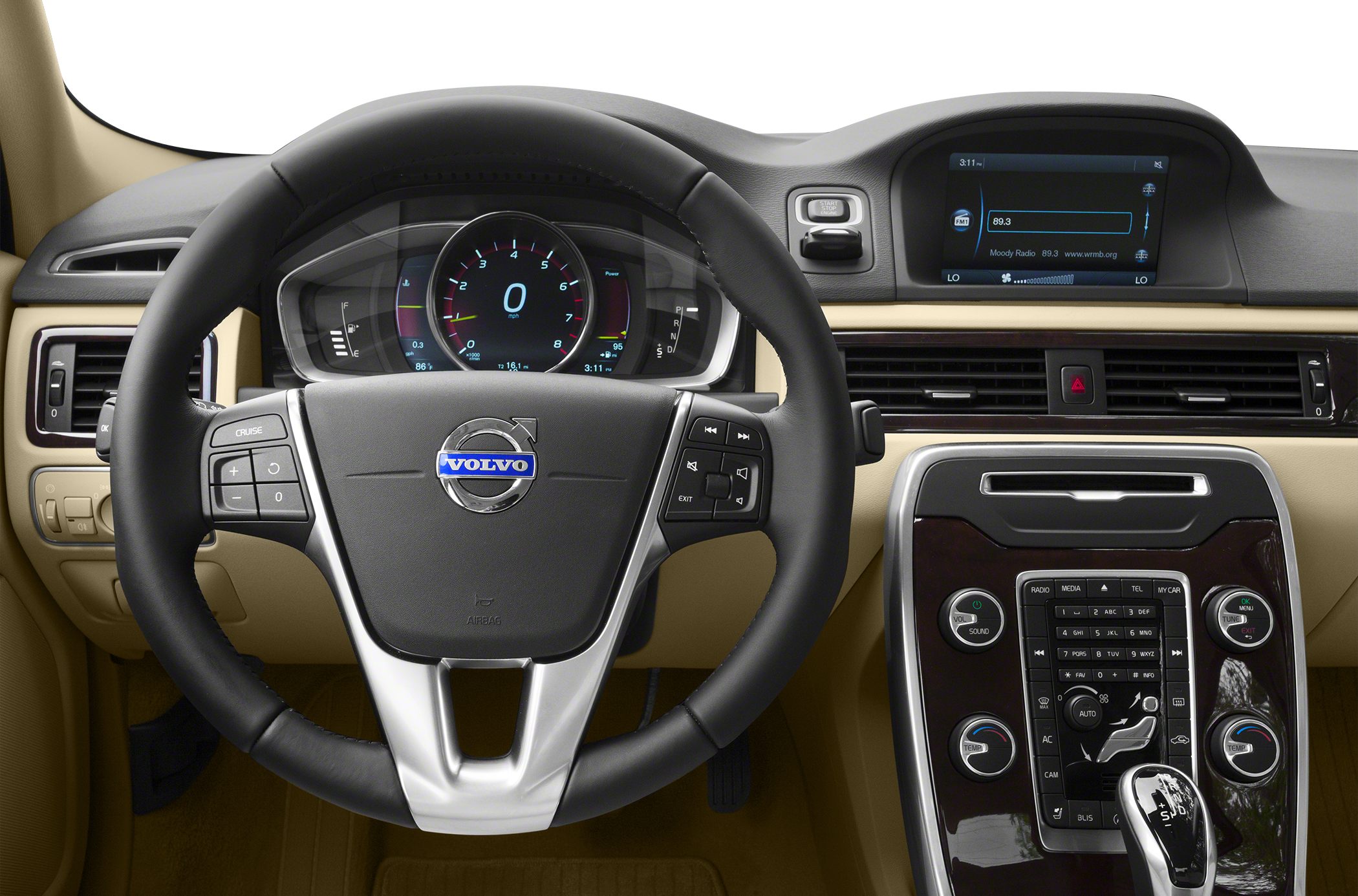 Steering wheel, digital instrument cluster, center console with controls
