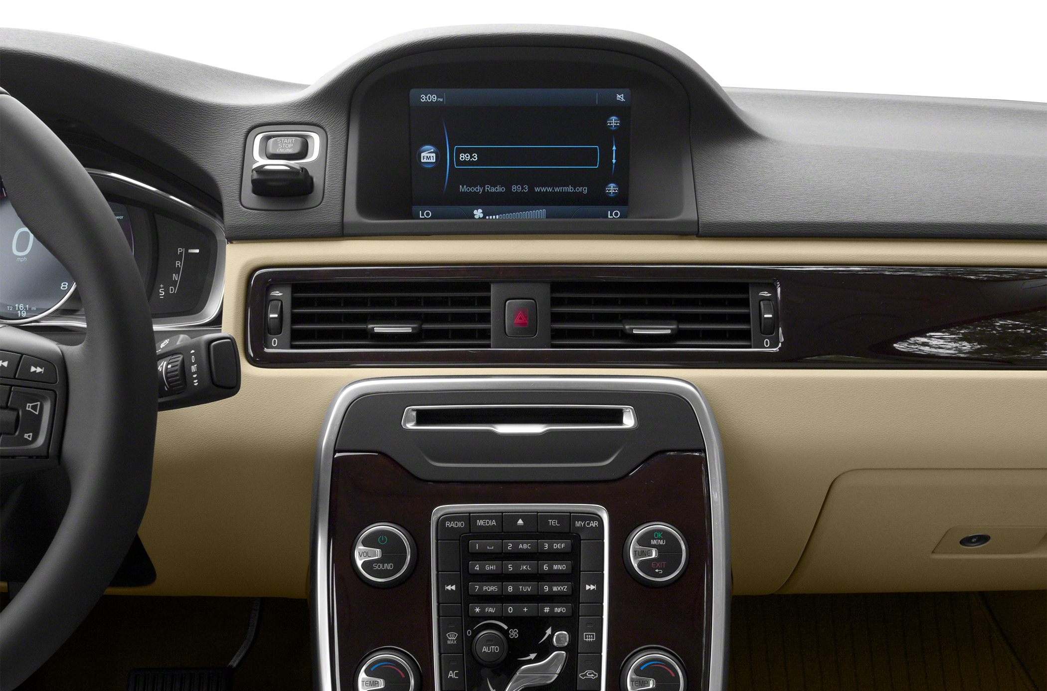 Center console and dashboard with infotainment screen and controls