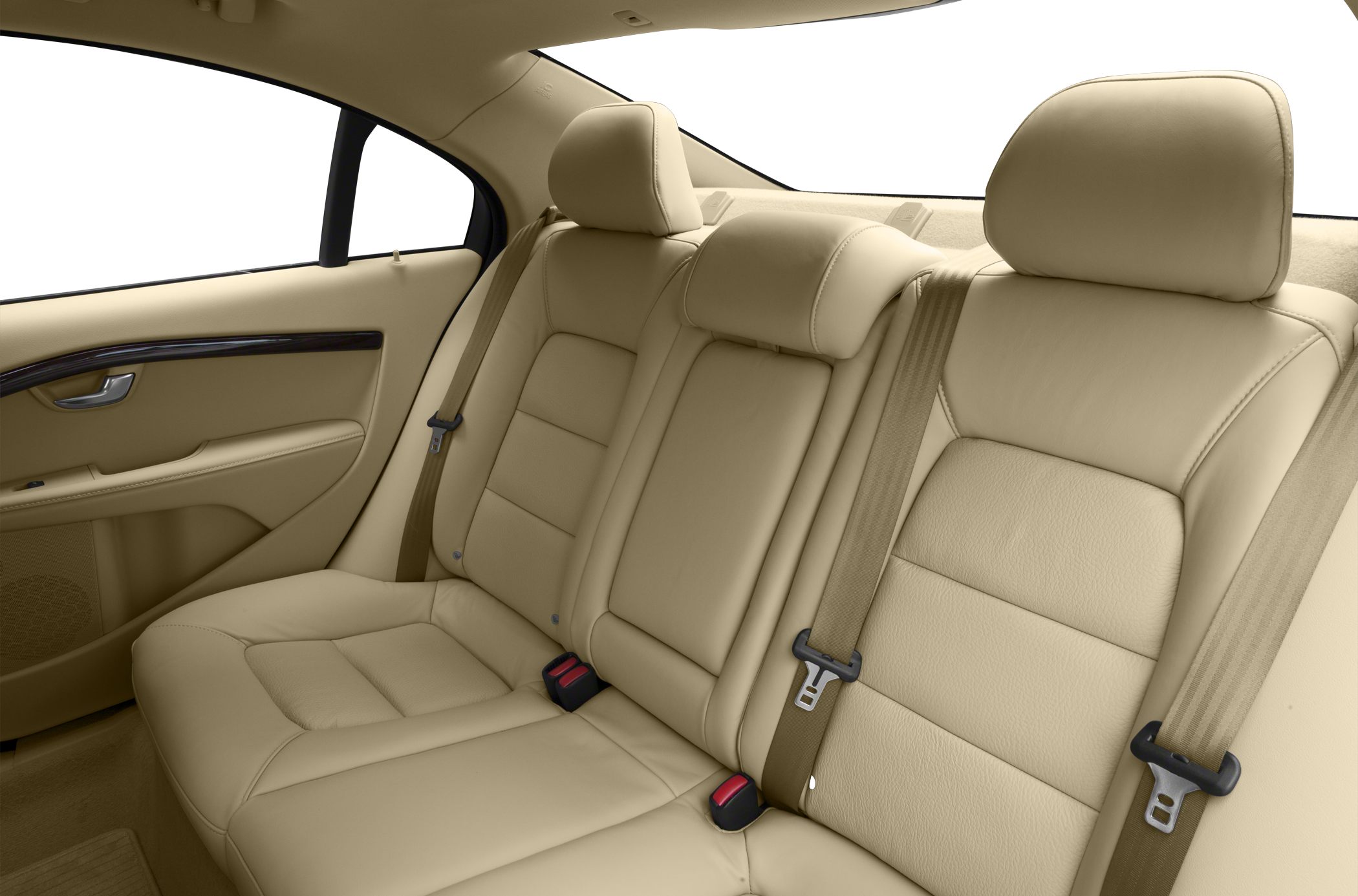 Beige leather rear seats with seatbelts and wood panel door trim