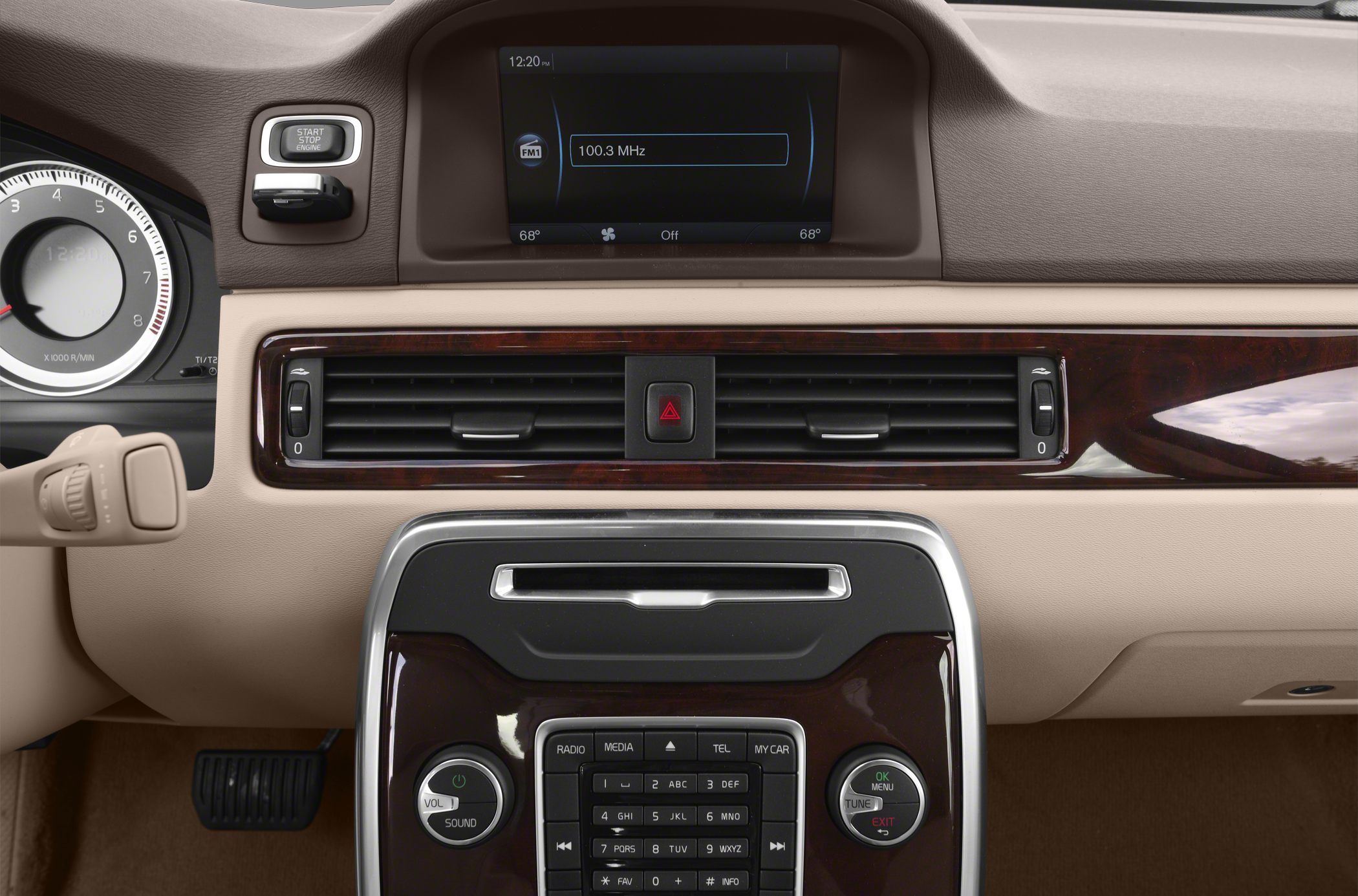 Dashboard with infotainment display and wood trim center console