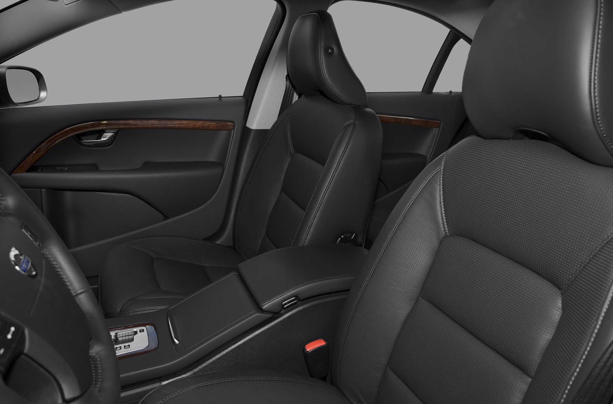 Black leather seats with wood trim on door panels