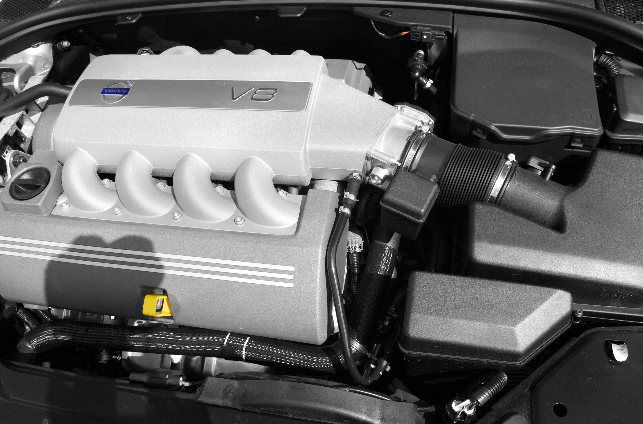 V8 engine compartment with visible intake manifold and air intake system