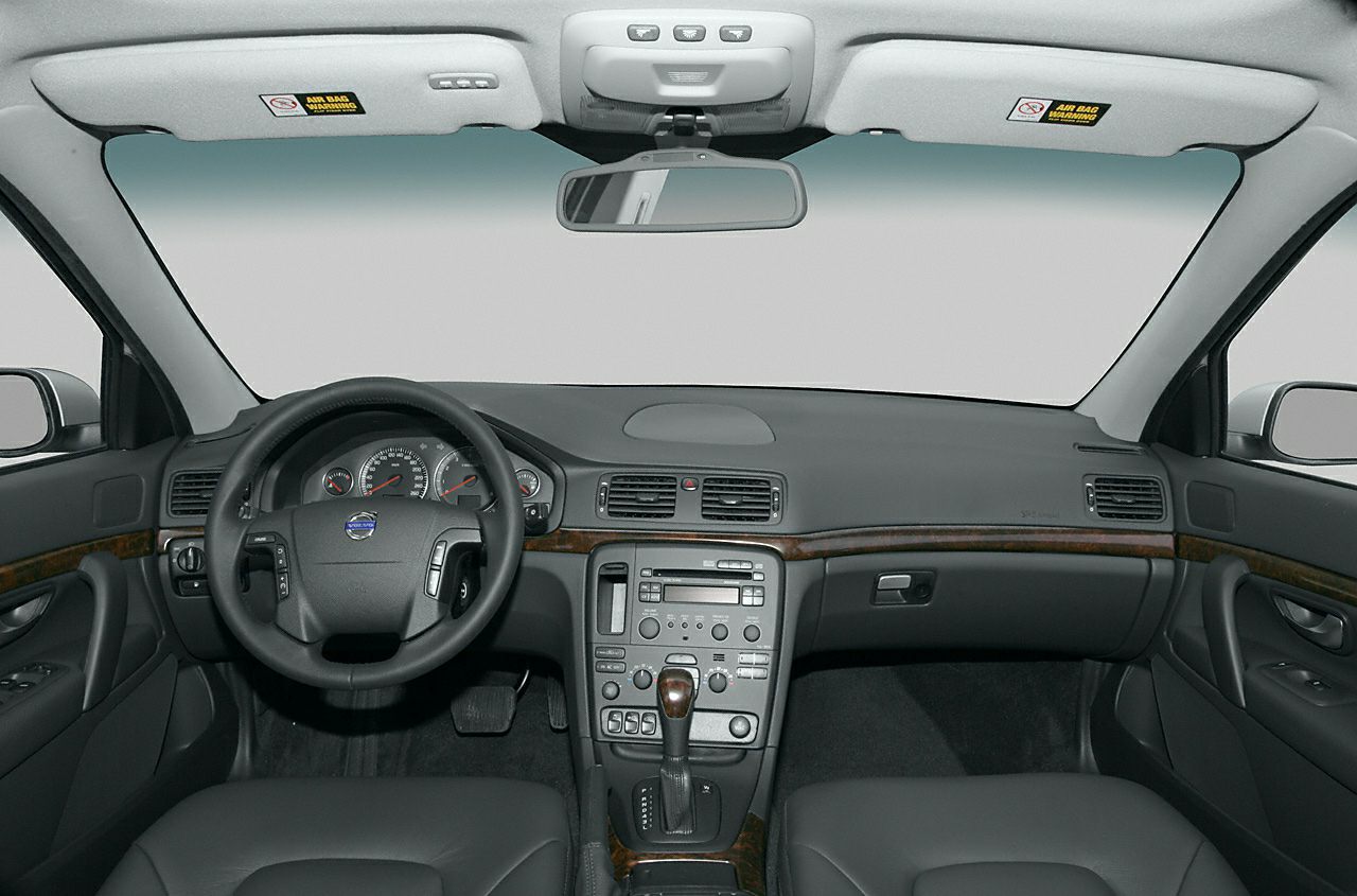 Dashboard and steering wheel with center console and wood trim
