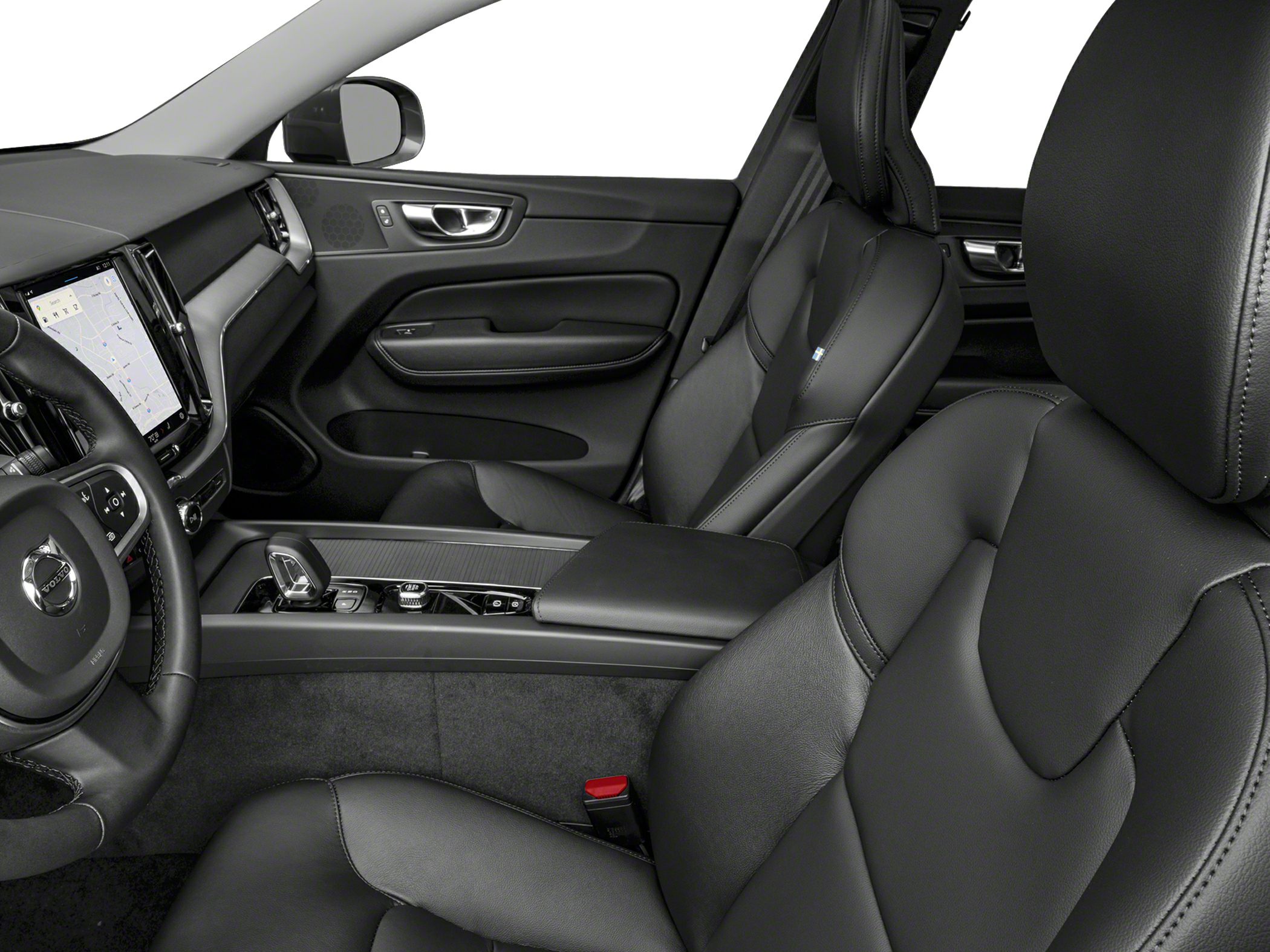 Black leather front seats and modern dashboard with touchscreen