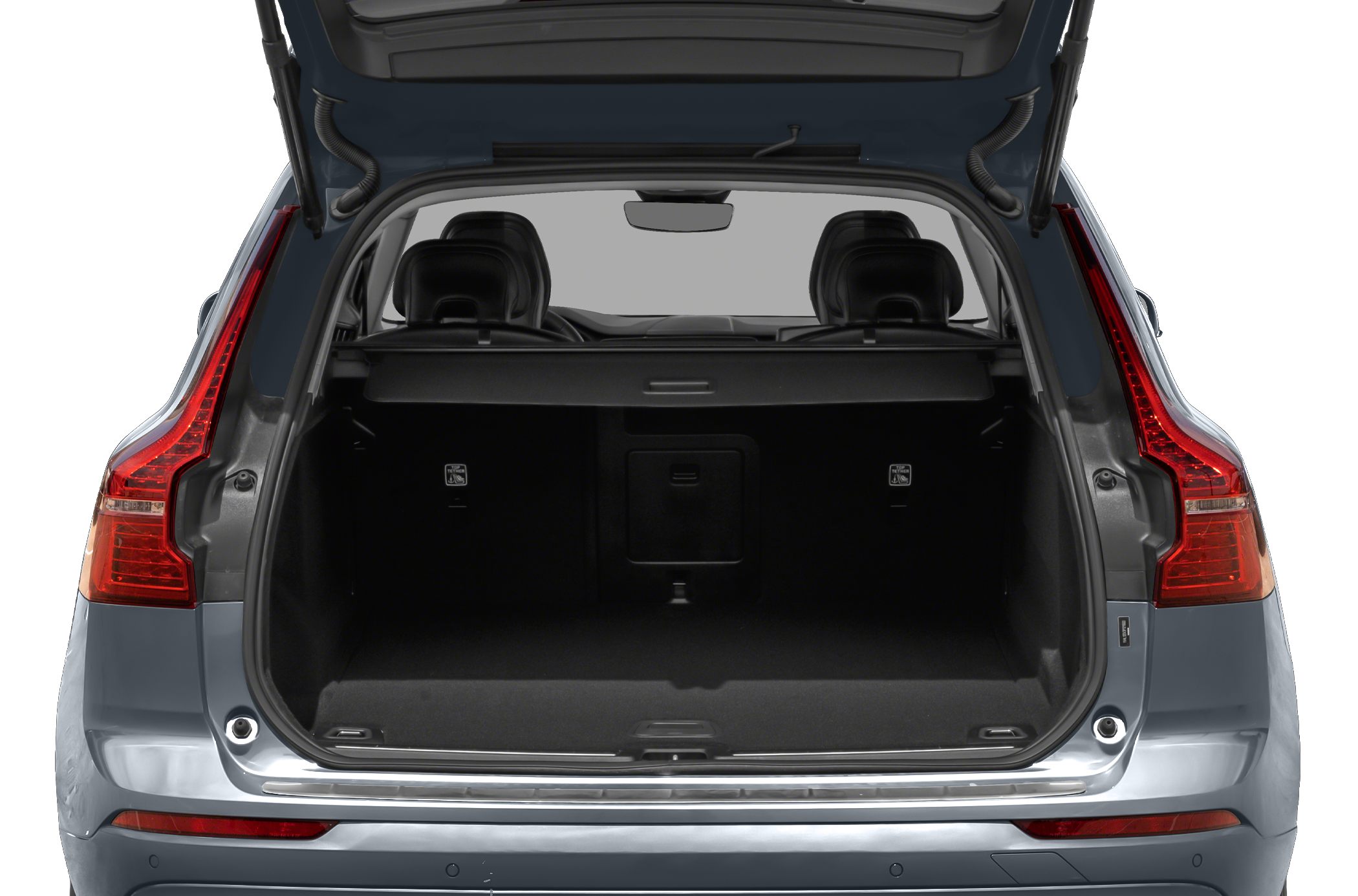 Spacious rear cargo area with open hatch and visible rear seats