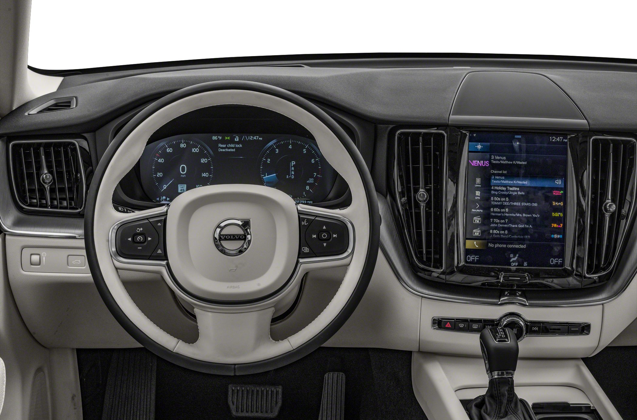 Digital instrument cluster and touchscreen infotainment display with steering wheel controls
