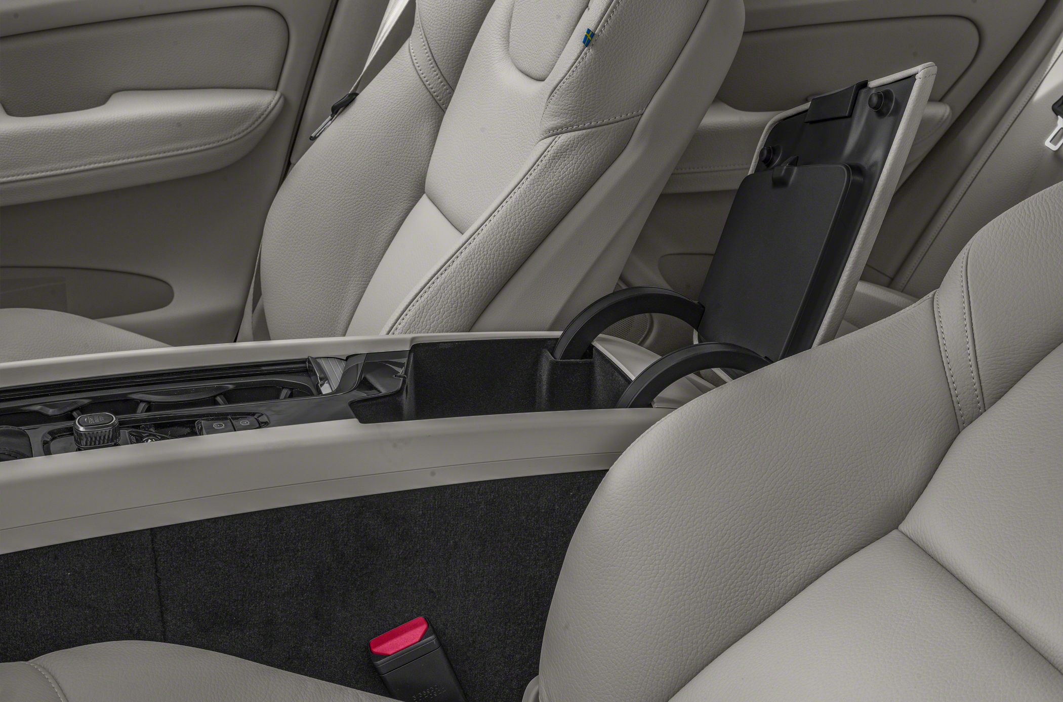 Interior center console with storage and beige leather seats