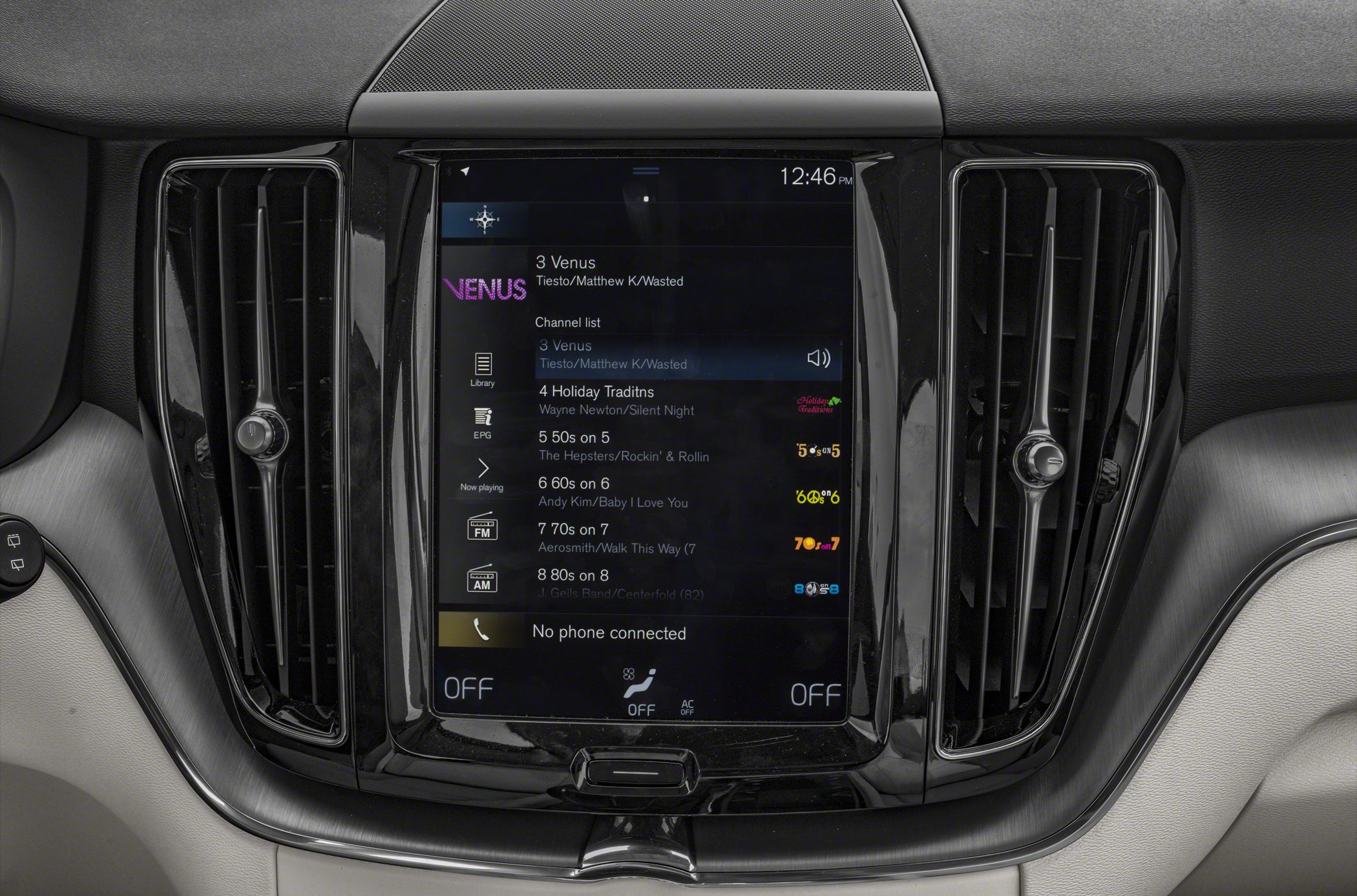 Touchscreen infotainment and dual air vents.