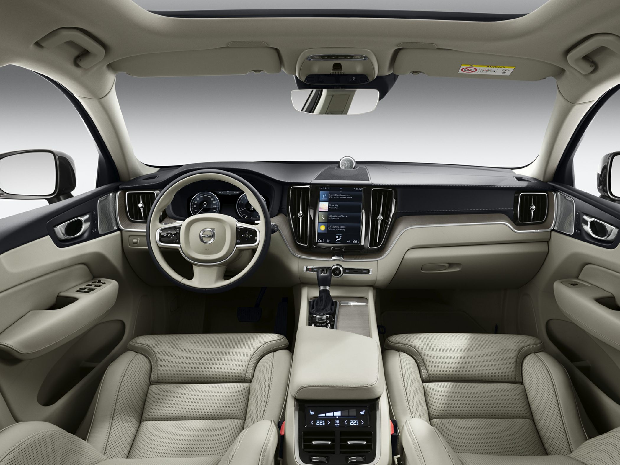 Interior dashboard, steering wheel, front seats and panoramic sunroof