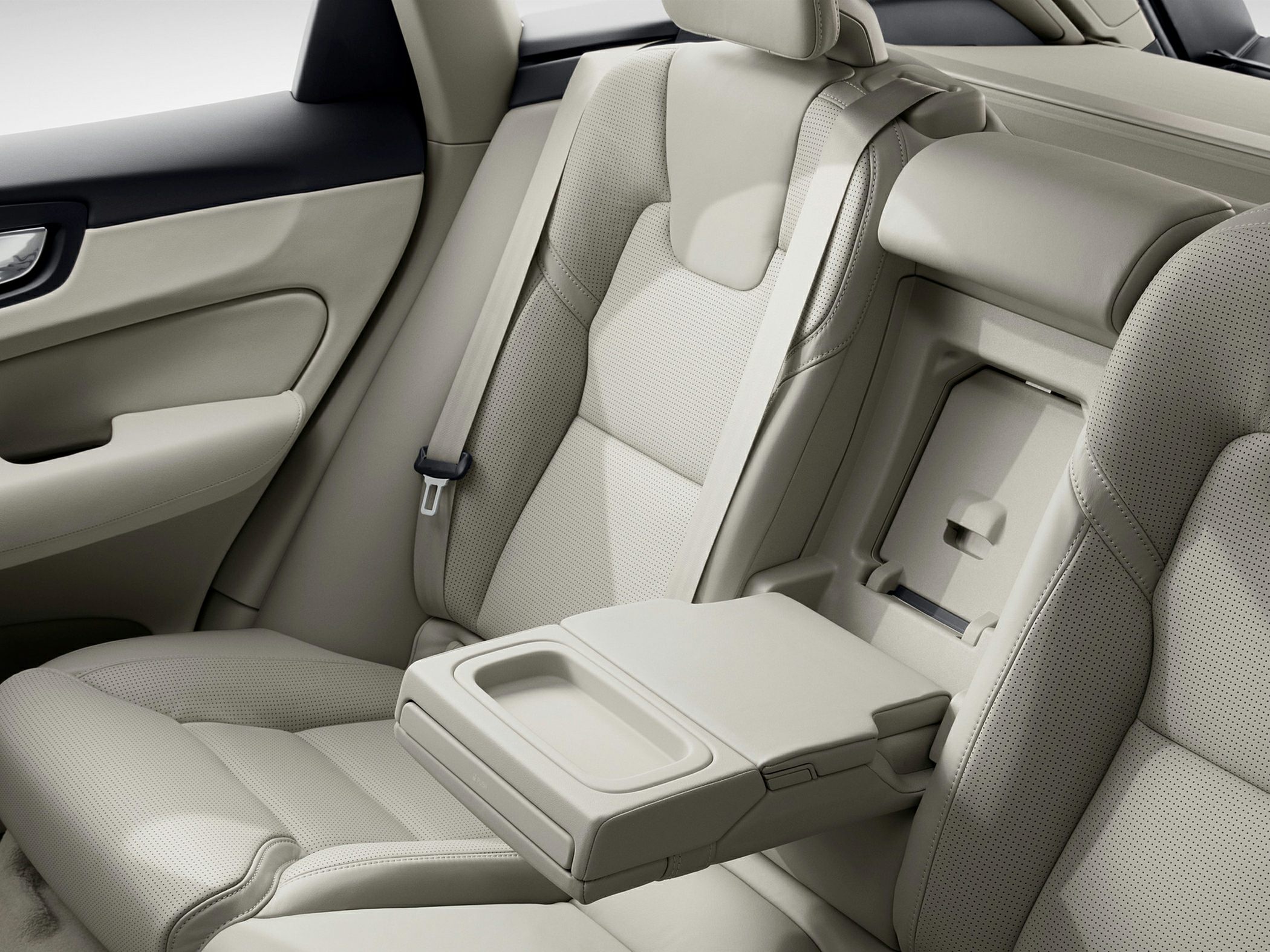 Beige rear seat with center armrest and integrated cup holder