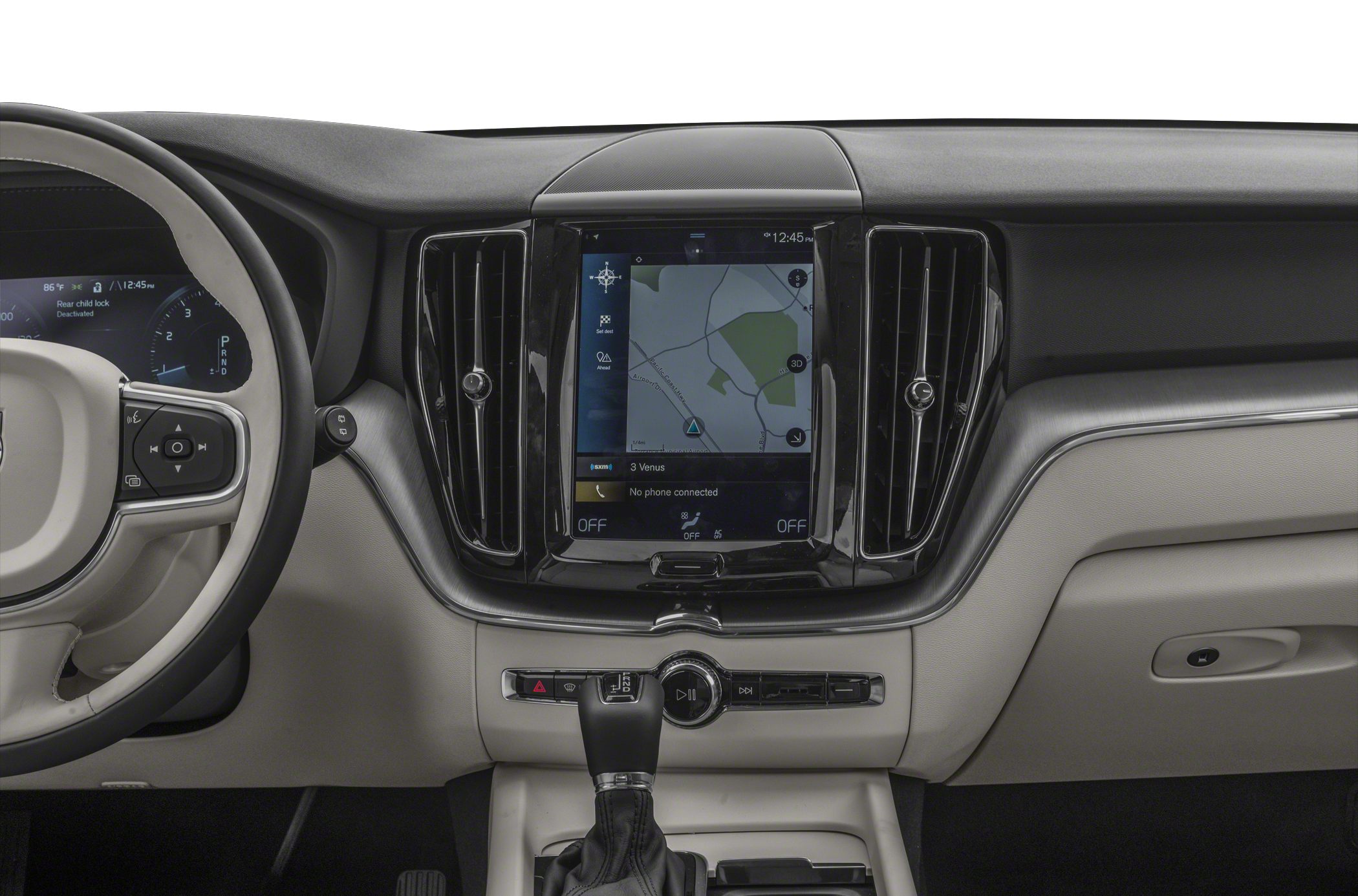 Dashboard with touchscreen navigation and gear shifter