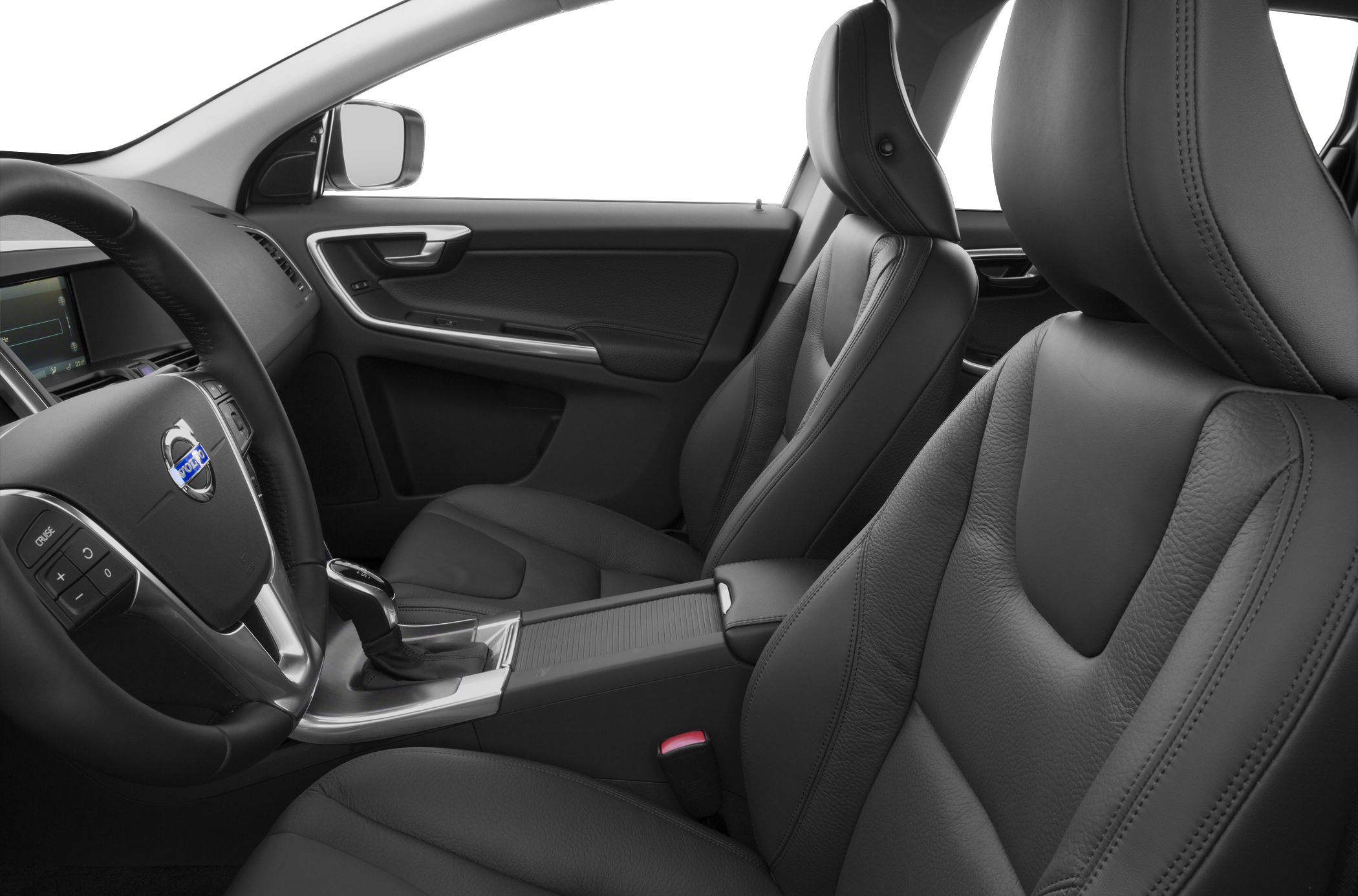 Black leather front seats and steering wheel in modern car interior