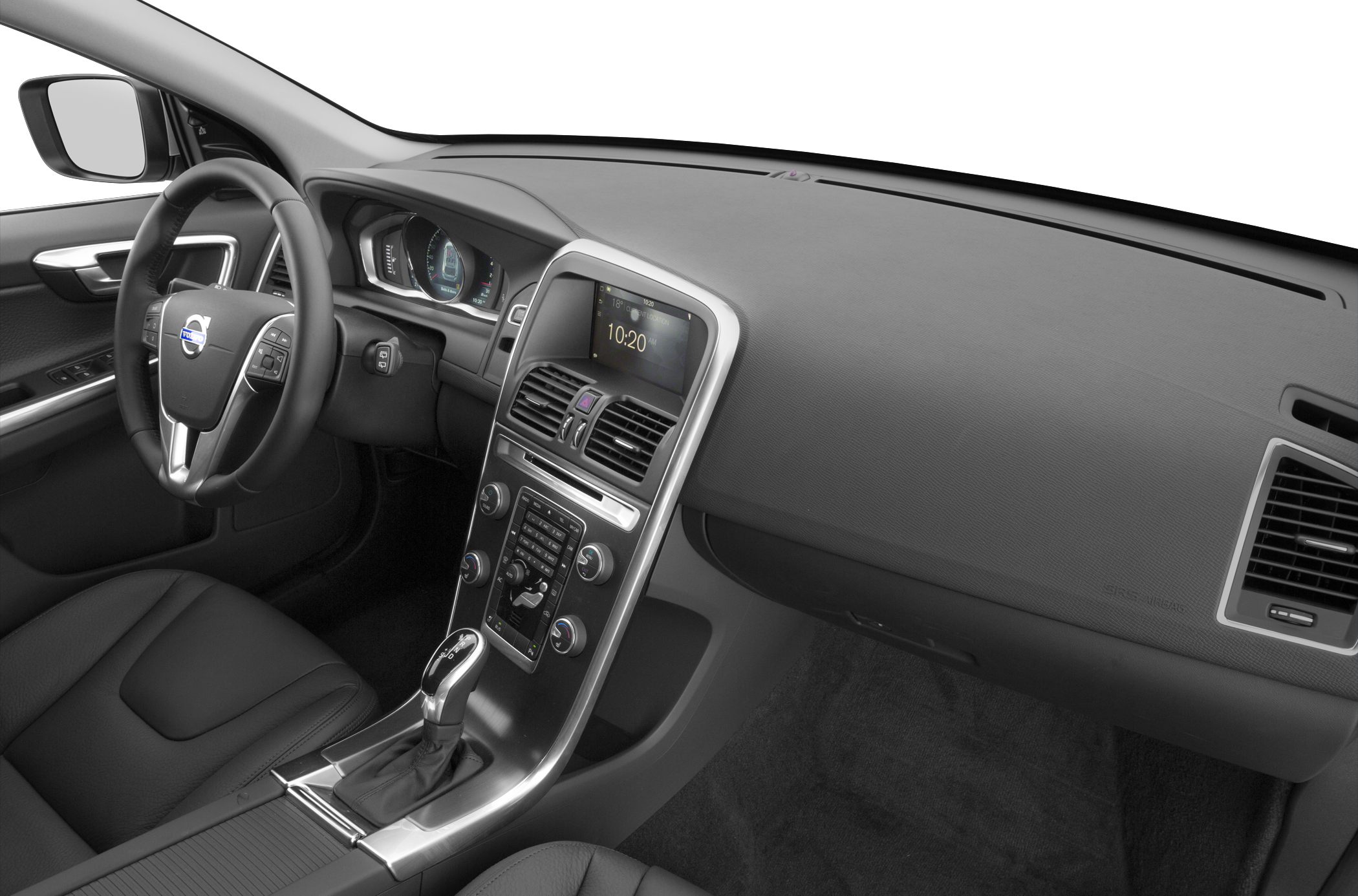 Dashboard and center console with steering wheel and gear shifter