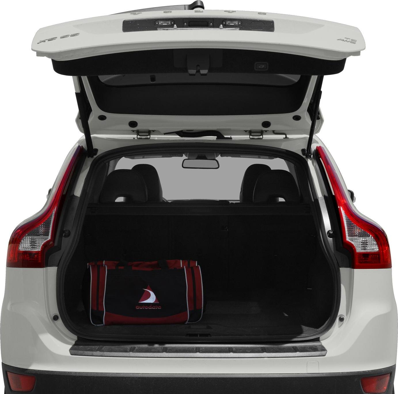 Open rear cargo space with visible taillights and a red bag inside